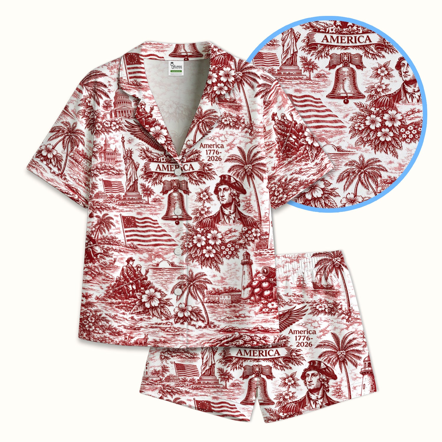 Patriotic America Heritage Toile Pattern Pajama Set, Breathable Fabrics Uniform