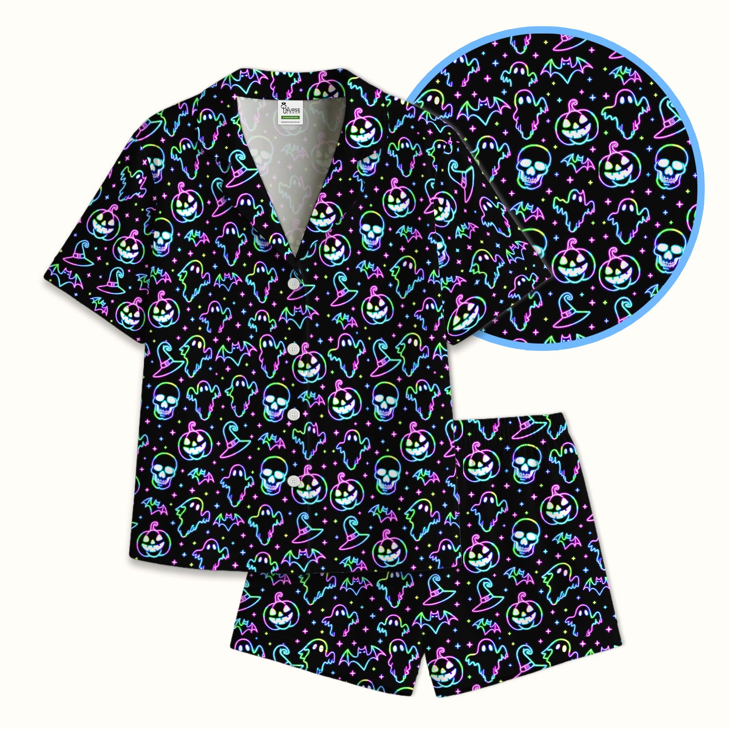 Pumpkin Skull Spooky Print Pajama Set, Soft Breathable Fabric Comfortable Sleepwear