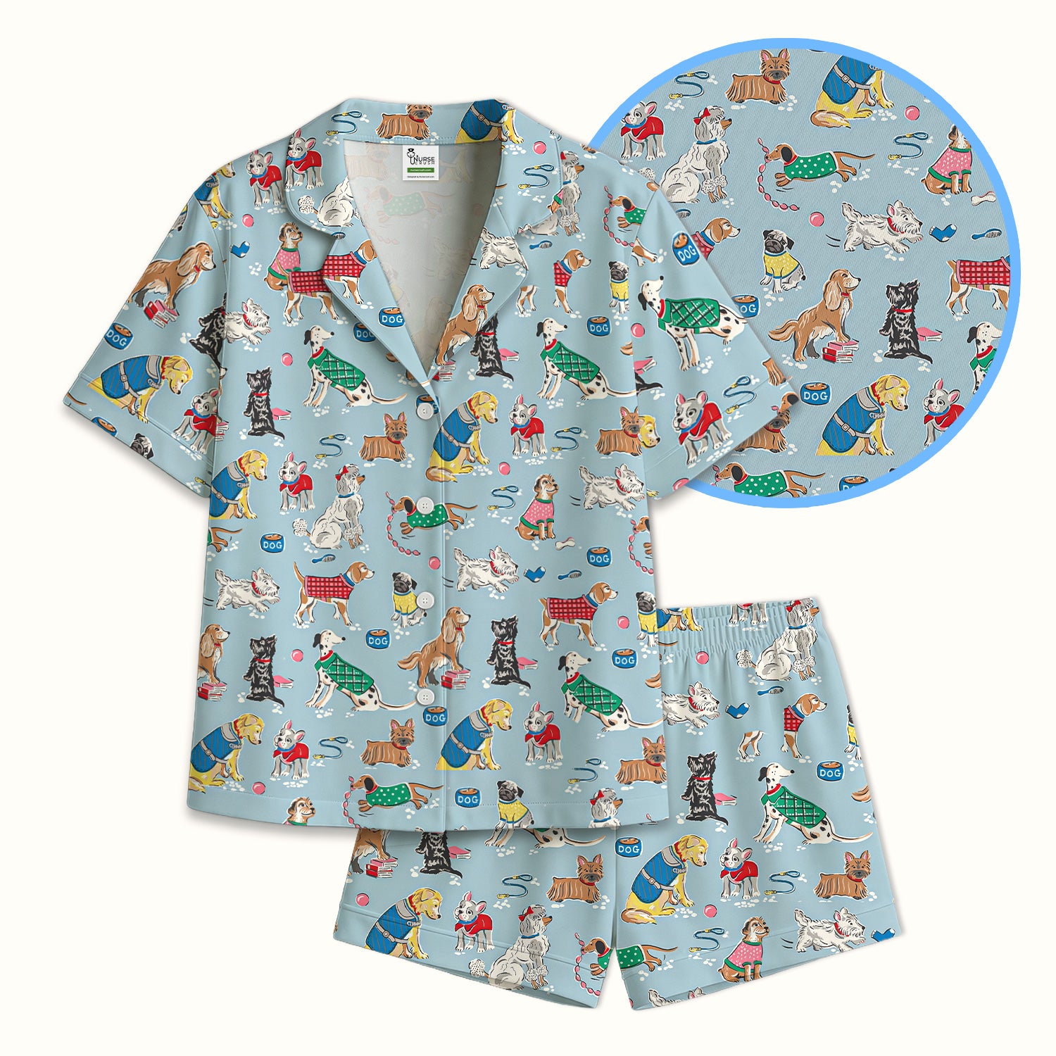 Cute Dog Wearing Sweater Playing Ball Pattern Pajama Set, Soft Breathable Fabric Comfortable Sleepwear