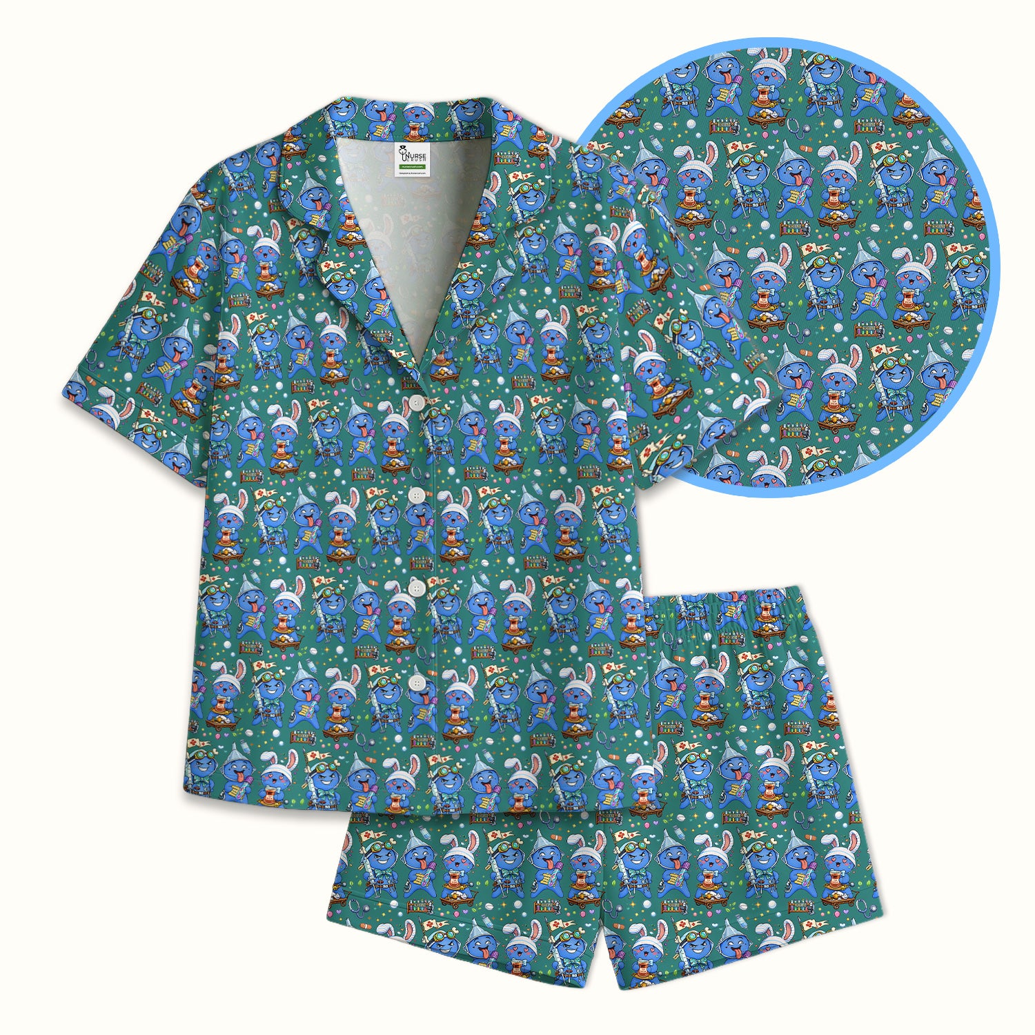 Cute Glove Doll Hospital Medical Cartoon Nurse Pattern Pajama Set, Breathable Fabrics Uniform