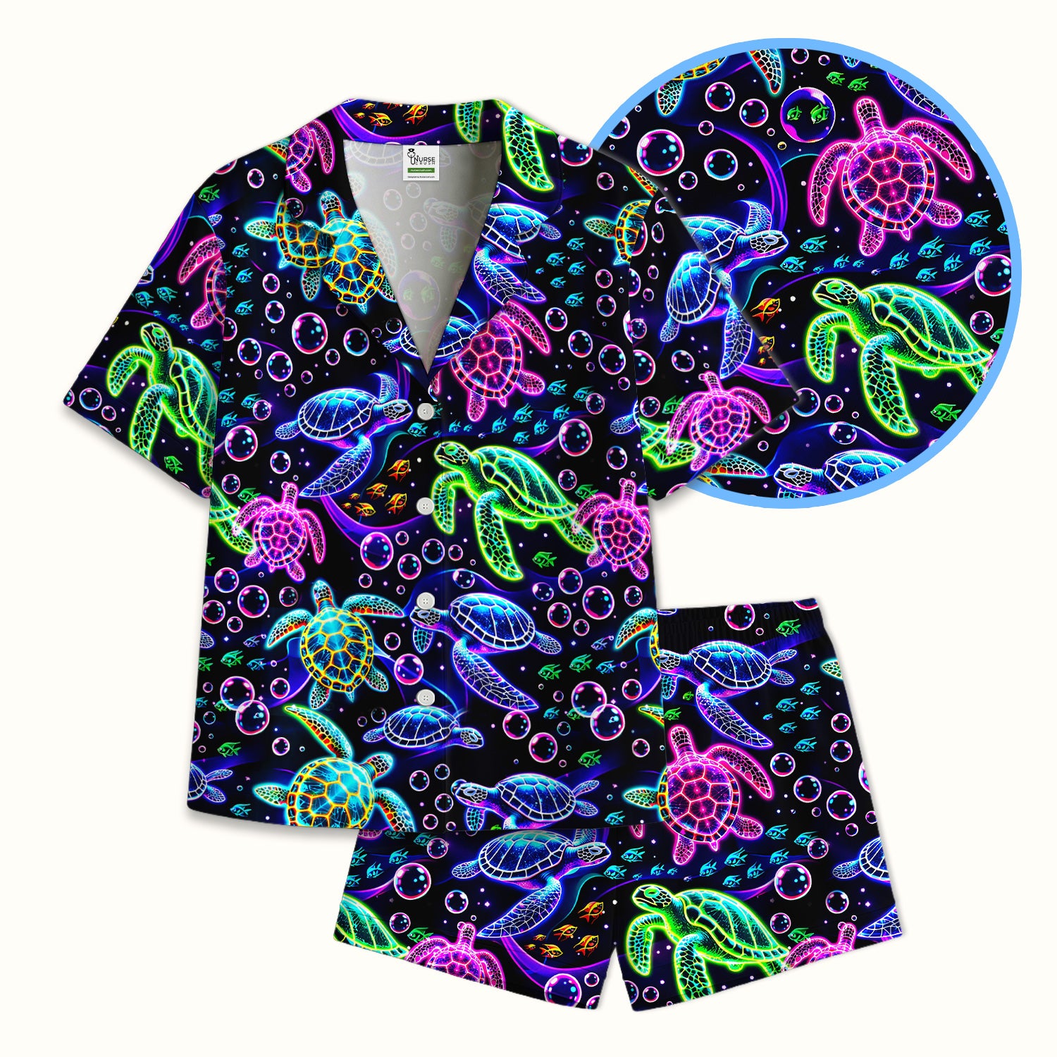 Neon Sea Turtle Swimming Bubble Ocean Pajama Set, Breathable Fabrics Uniform
