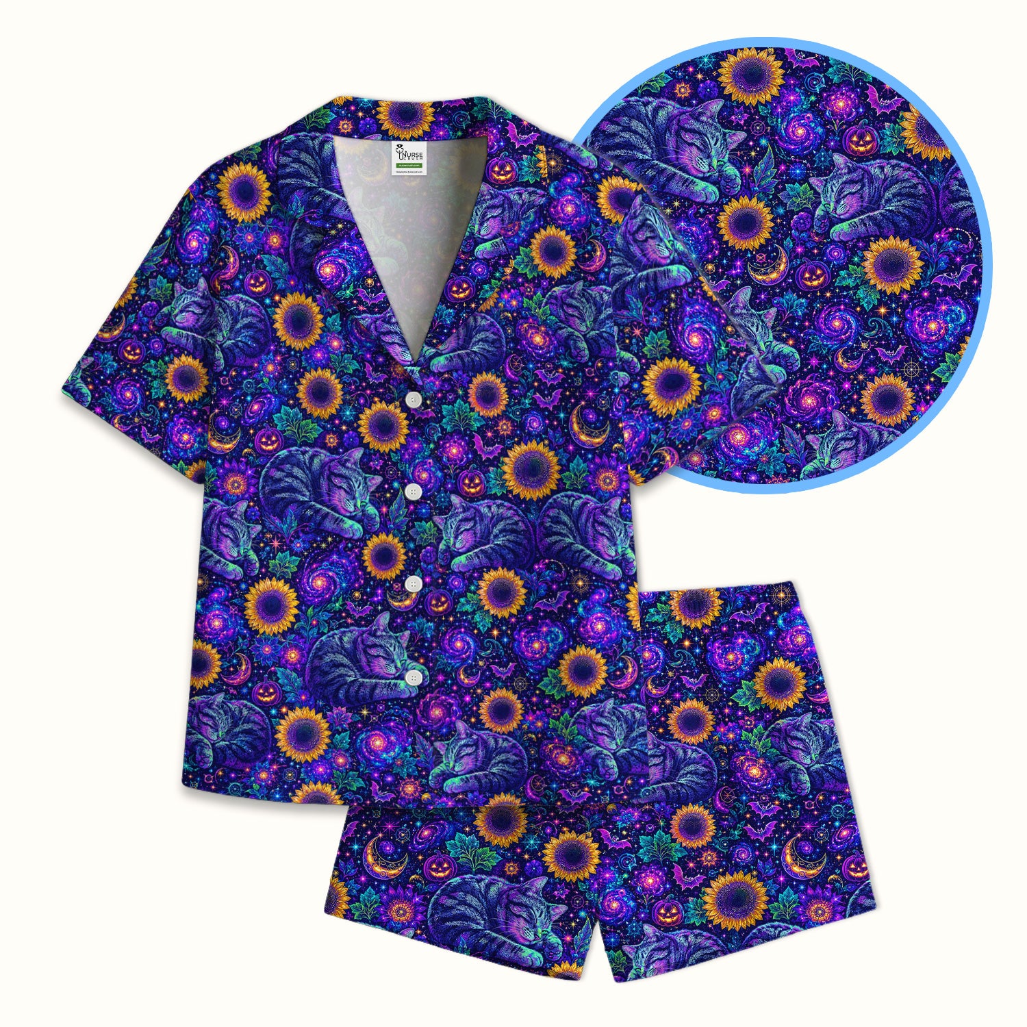 Spooky Galaxy Cat And Sunflowers Pajama Set, Soft Breathable Fabric Comfortable Sleepwear