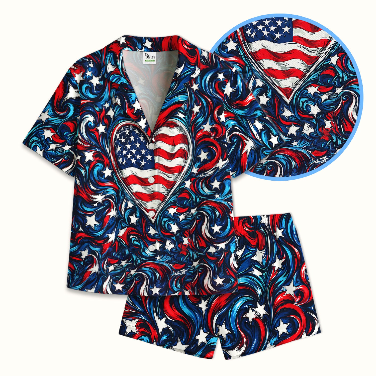 American Flag Heart Pattern Pajama Set, Soft Breathable Fabric Comfortable Sleepwear