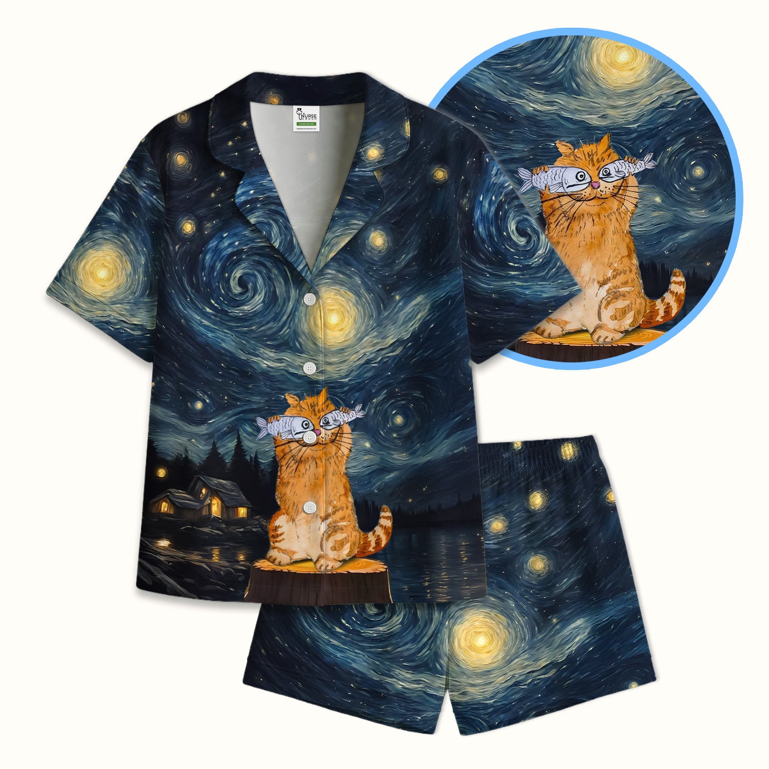 Cat Under Starry Night Sky Art Print Pajama Set,  Breathable Fabrics Uniform