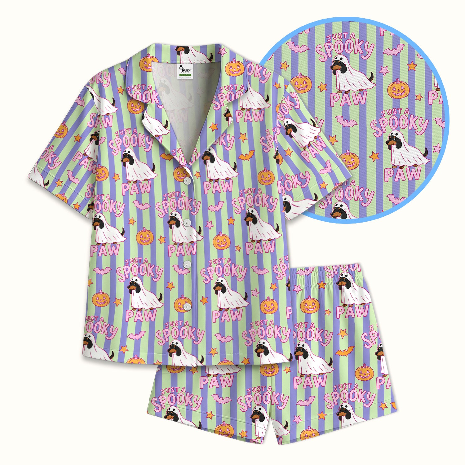 Just A Spooky Dachshund Paw Print Pajama Set, Soft Breathable Fabric Comfortable Sleepwear