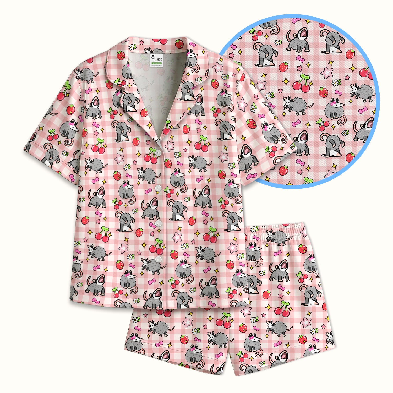 Cute Opossum And Cherries Gingham Pattern Pajama Set, Soft Breathable Fabric Comfortable Sleepwear
