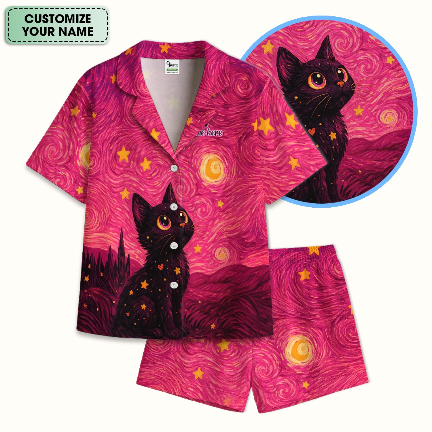 Personalized Black Cat Galaxy Star Swirl Pattern Pajama Set, Breathable Fabrics Uniform