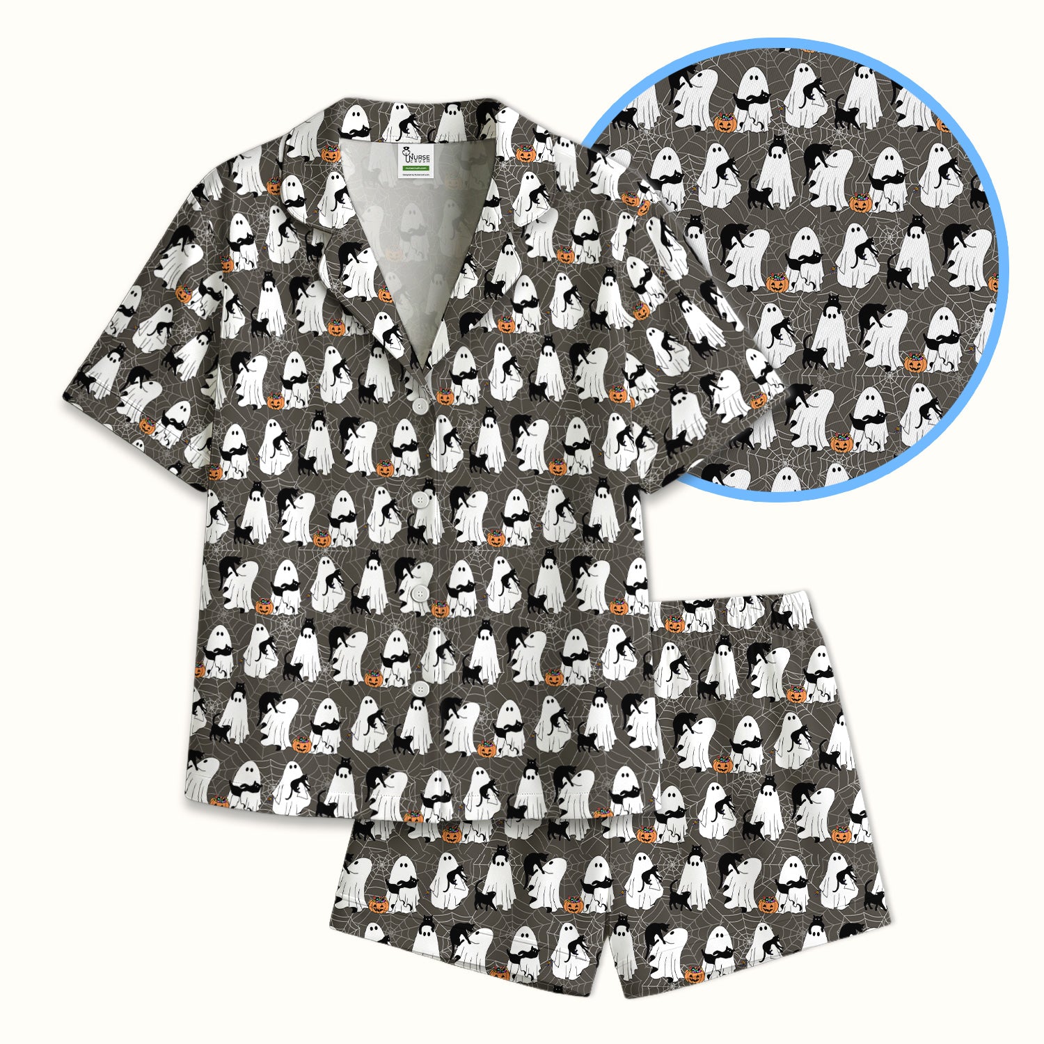 Black Cat and Ghost Print Pajama Set, Soft Breathable Fabric Comfortable Sleepwear