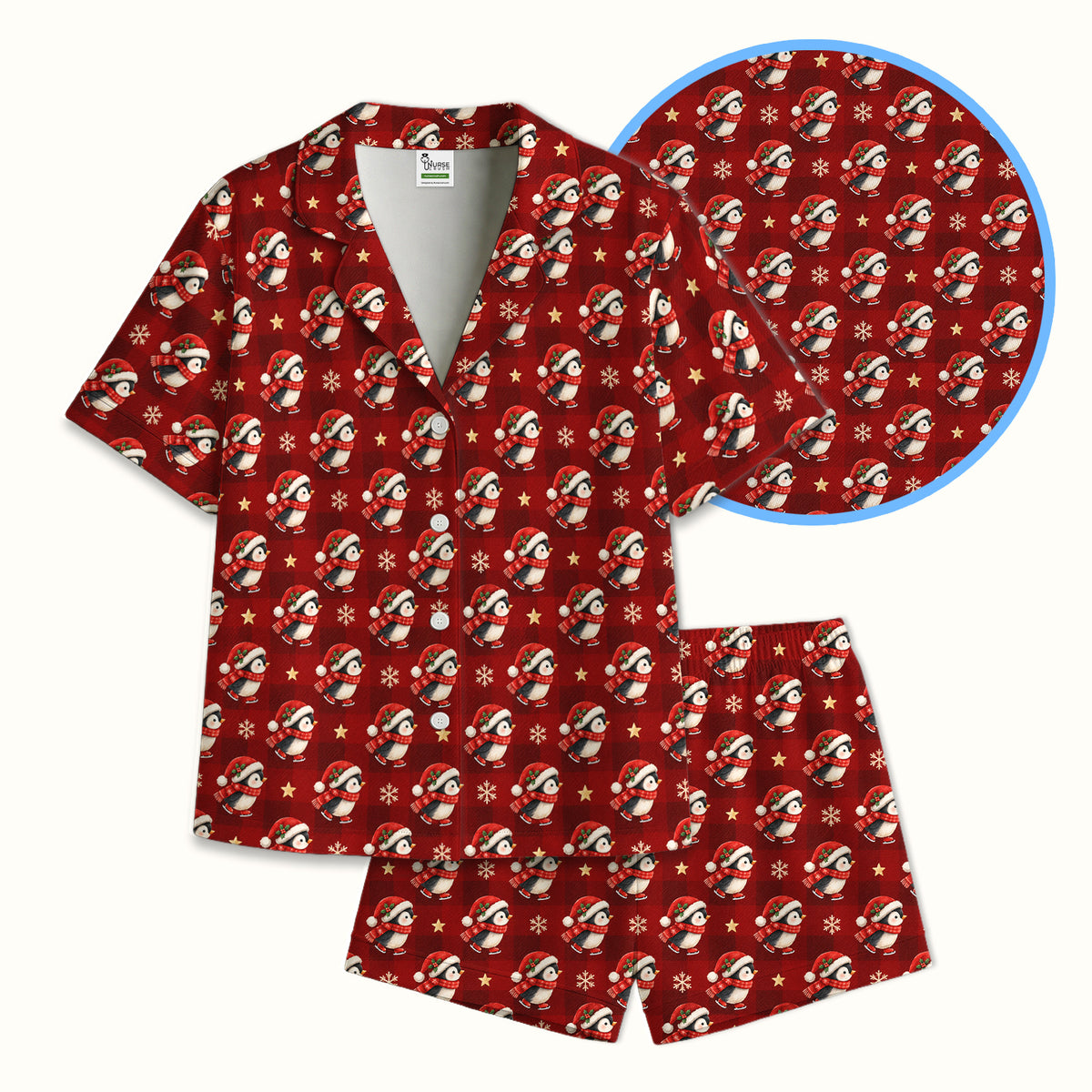 Cute Christmas Ice Skating Penguin Pajama Set, Soft Breathable Fabric Comfortable Sleepwear