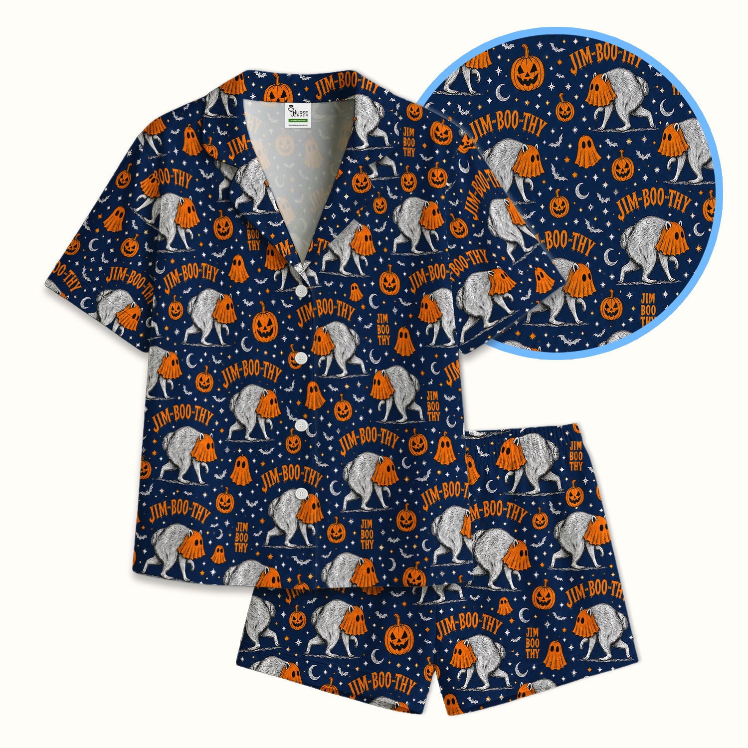 Funny Halloween Ghost Jimothy Pattern Pajama Set, Soft Breathable Fabric Comfortable Sleepwear