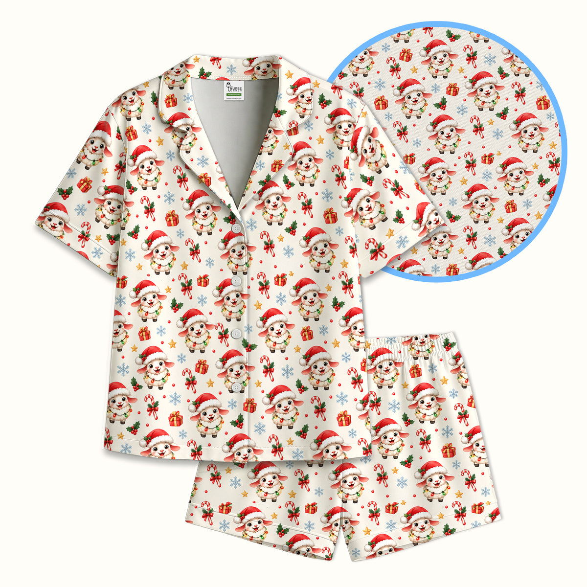 Christmas Lamb With Lights Pajama Set, Soft Breathable Fabric Comfortable Sleepwear