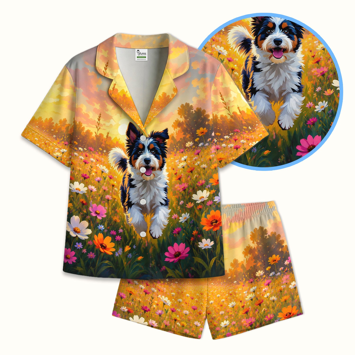 Cute Floral Meadow Dog Print Pajama Set, Soft Breathable Fabric Comfortable Sleepwear