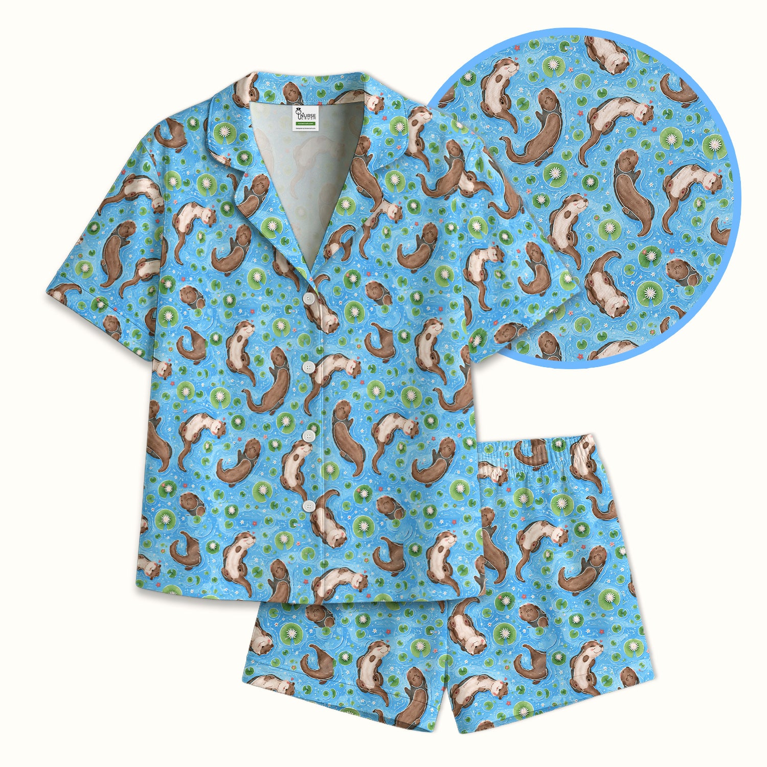 Cute Otter Lily Pond Nurse Print Pajama Set, Soft Breathable Fabric Comfortable Sleepwear