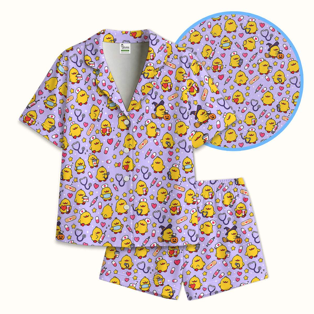 Cute Nurse Chicks And Medical Icons Pajama Set, Soft Breathable Fabric Comfortable Sleepwear