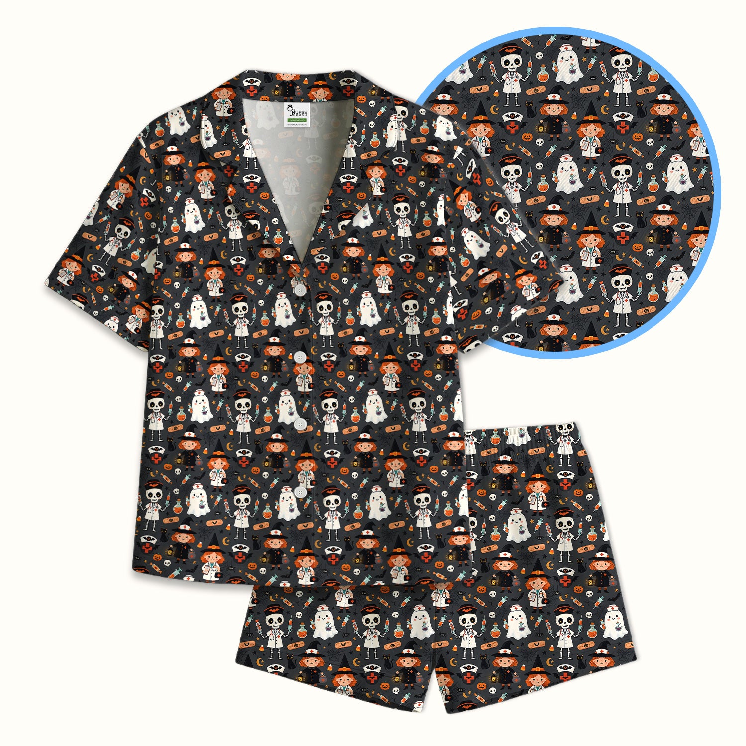 Halloween Witch And Skeleton Nurse Pajama Set, Soft Breathable Fabric Comfortable Sleepwear