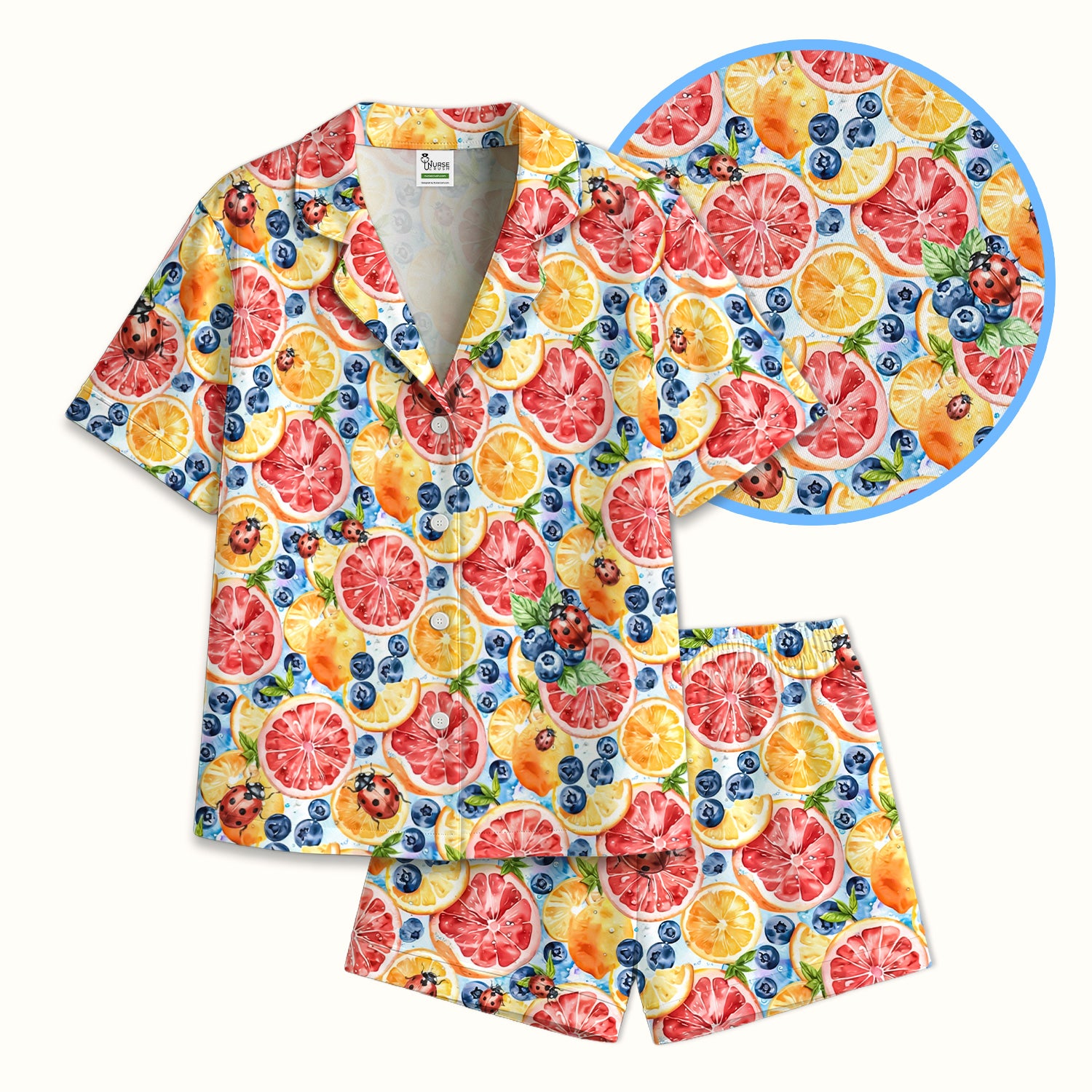 Cute Citrus Berry Ladybug Pattern Pajama Set, Soft Breathable Fabric Comfortable Sleepwear