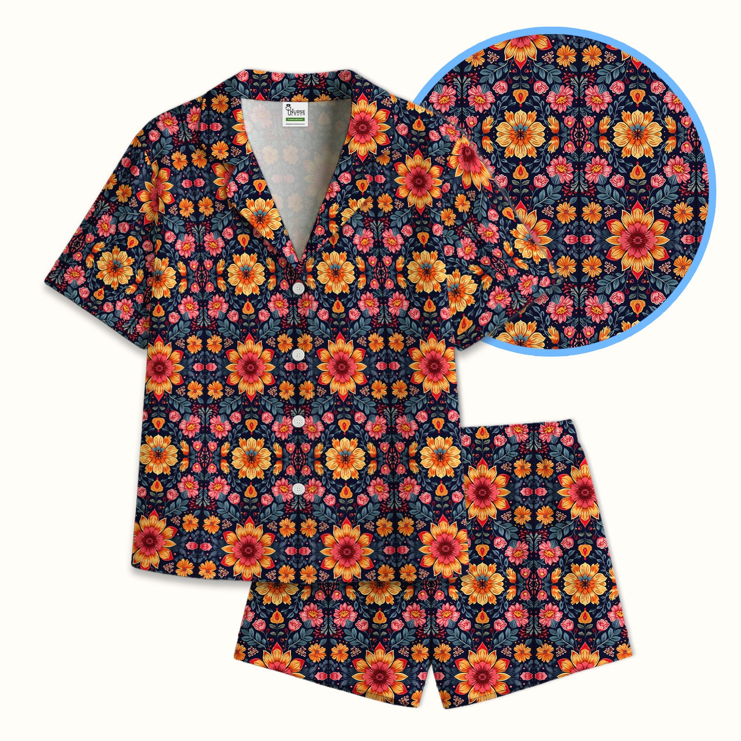 Elegant Dark Floral Pattern Pajama Set, Soft Breathable Fabric Comfortable Sleepwear