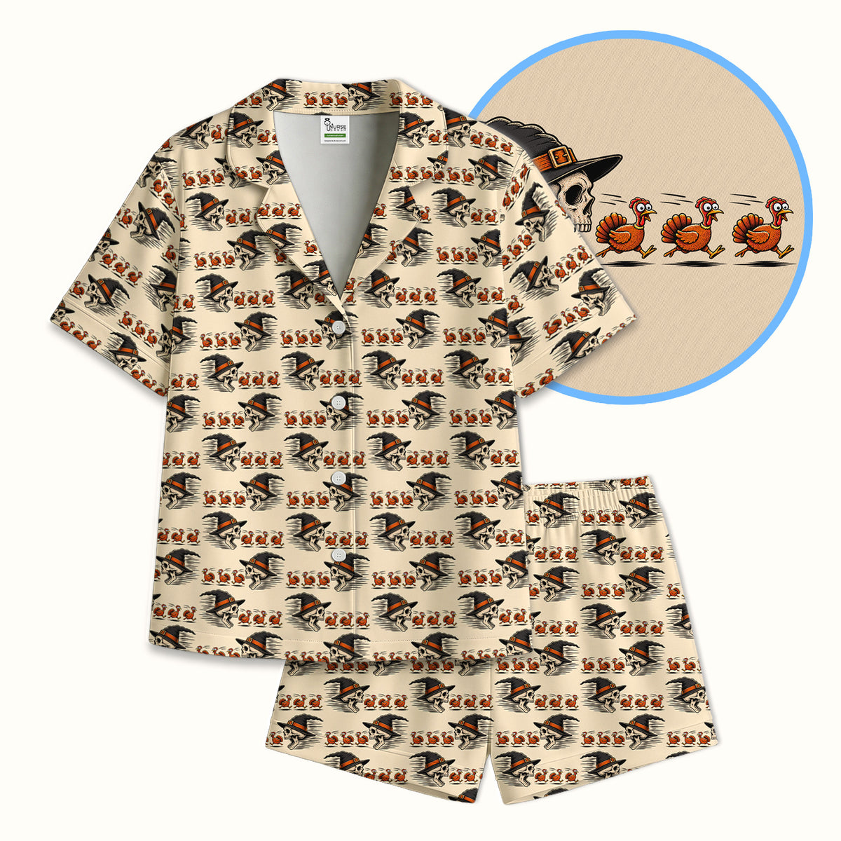 Funny Thanksgiving Skull Chasing Turkeys Pattern Pajama Set, Soft Breathable Fabric Comfortable Sleepwear