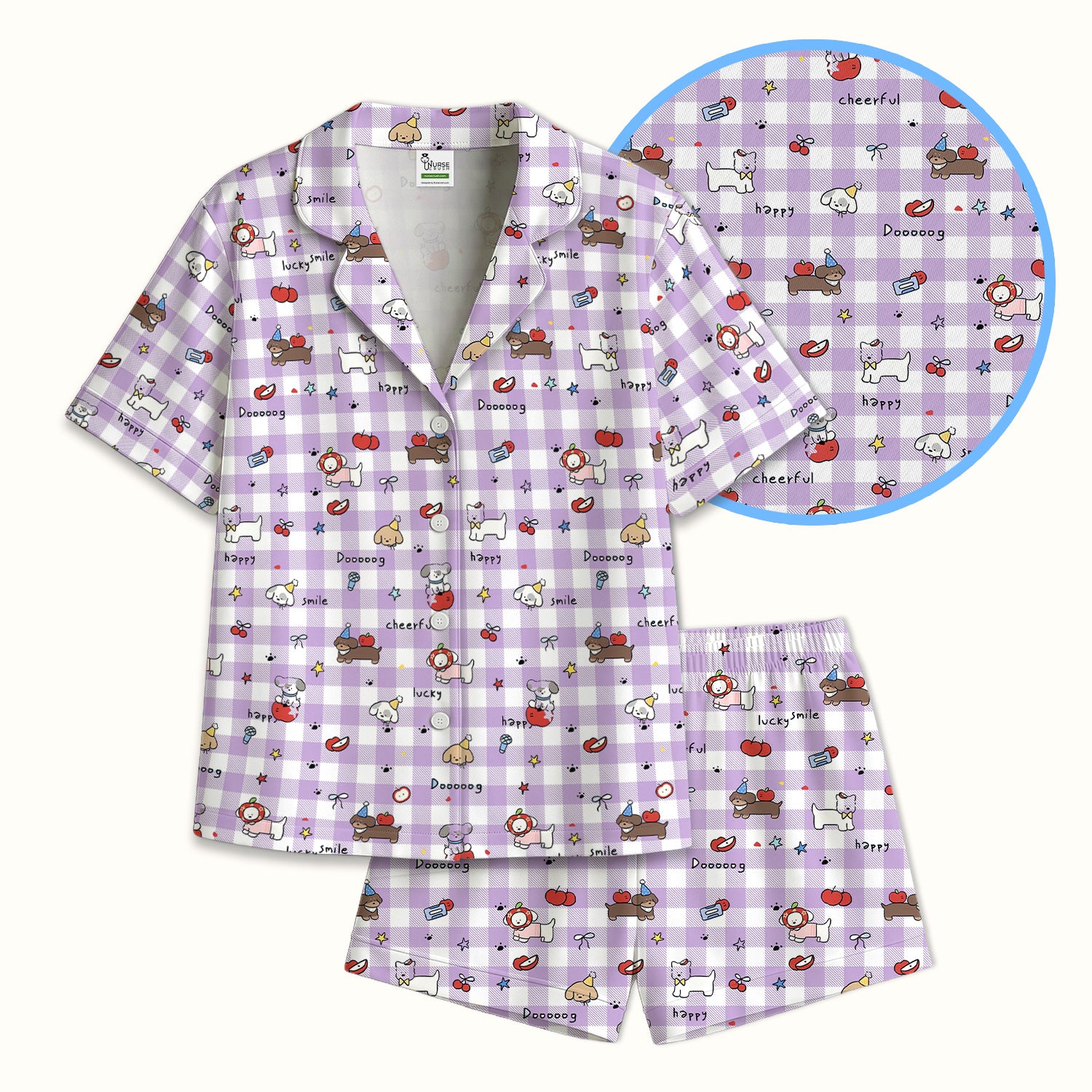 Cute Nurse Cartoon Puppy Apple Gingham Pajama Set, Breathable Fabrics Uniform