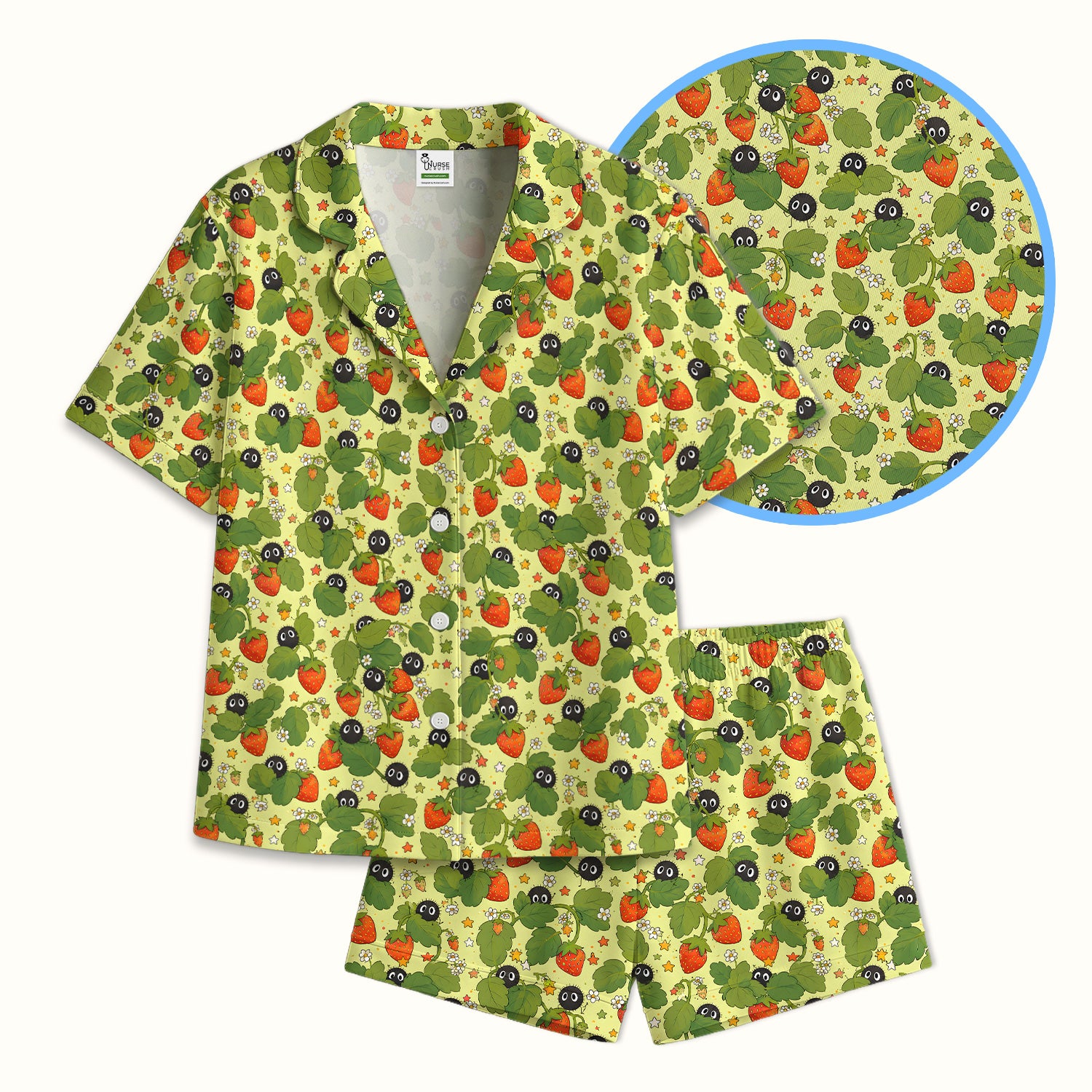 Cute Strawberry Soot Sprite Pattern Pajama Set, Soft Breathable Fabric Comfortable Sleepwear