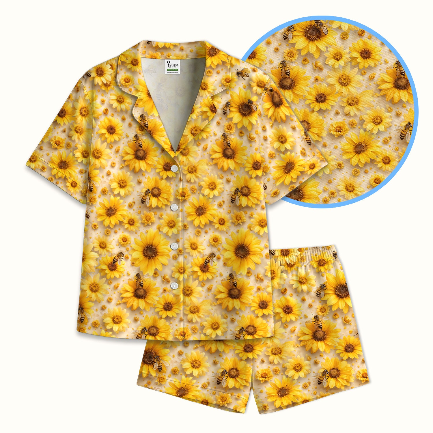 Yellow Sunflower Bee Garden Bloom Pattern Pajama Set, Breathable Fabrics Uniform