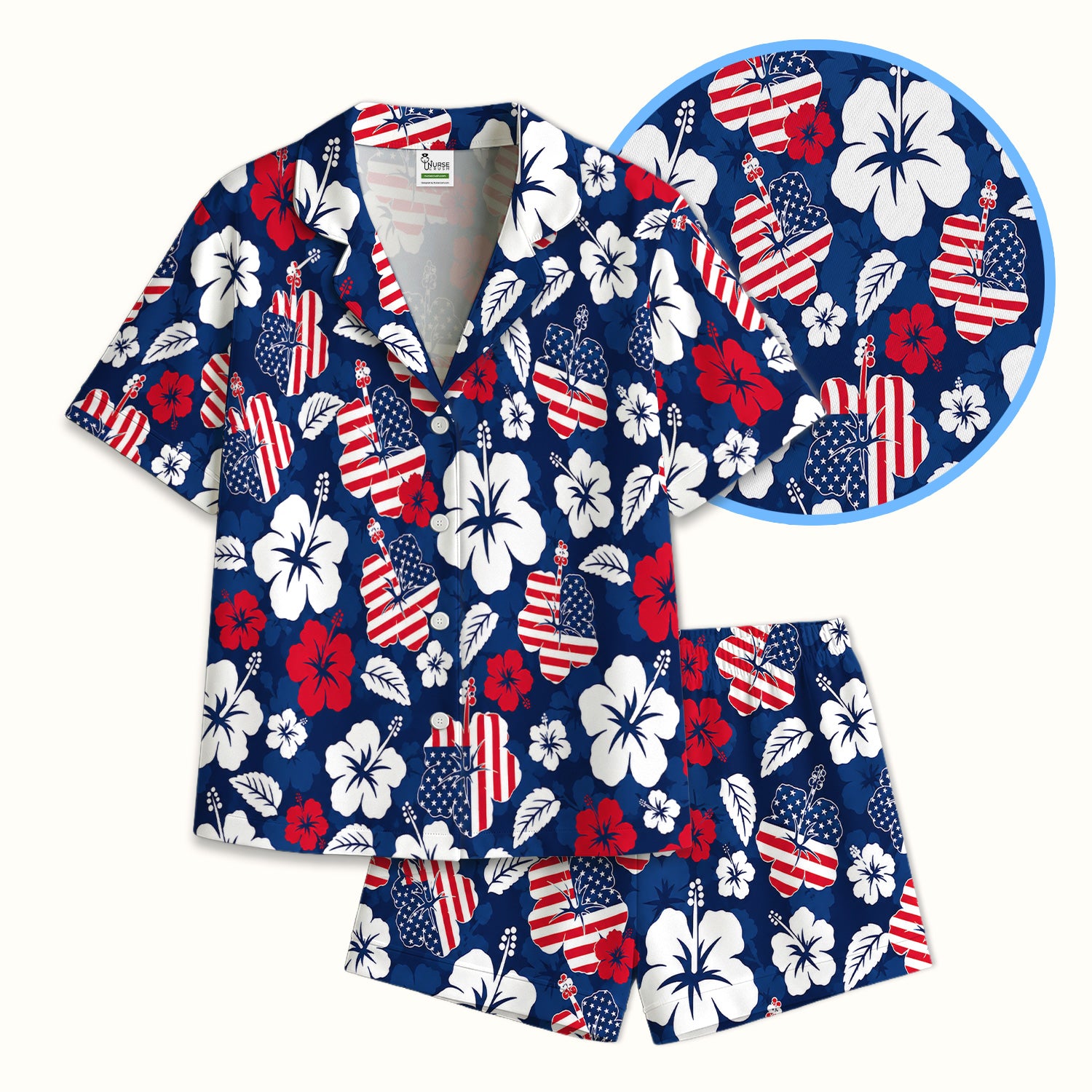 Patriotic Hibiscus Flag Floral Print Pajama Set, Soft Breathable Fabric Comfortable Sleepwear