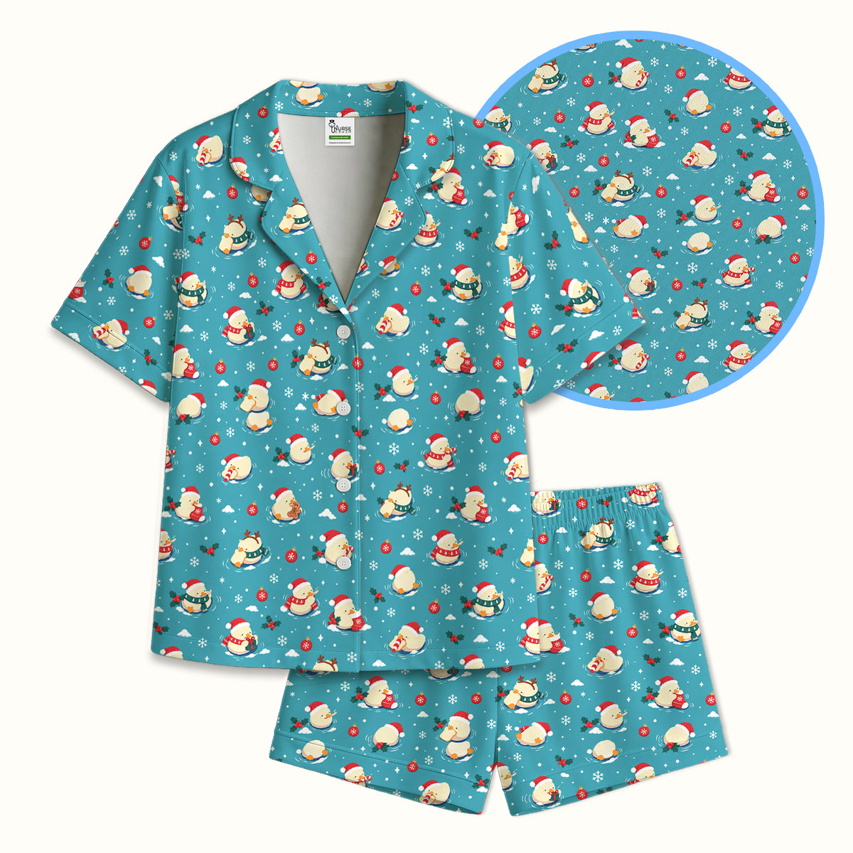 Christmas Ducks In Santa Hats Pajama Set, Soft Breathable Fabric Comfortable Sleepwear