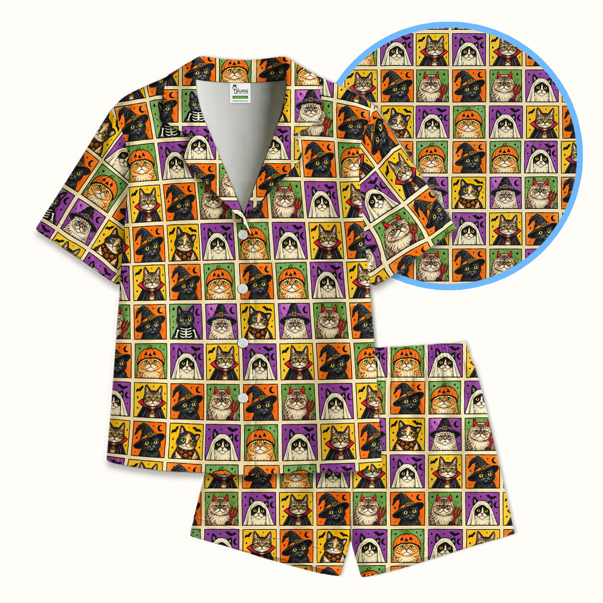Halloween Cat Costume Patchwork Pajama Set, Soft Breathable Fabric Comfortable Sleepwear