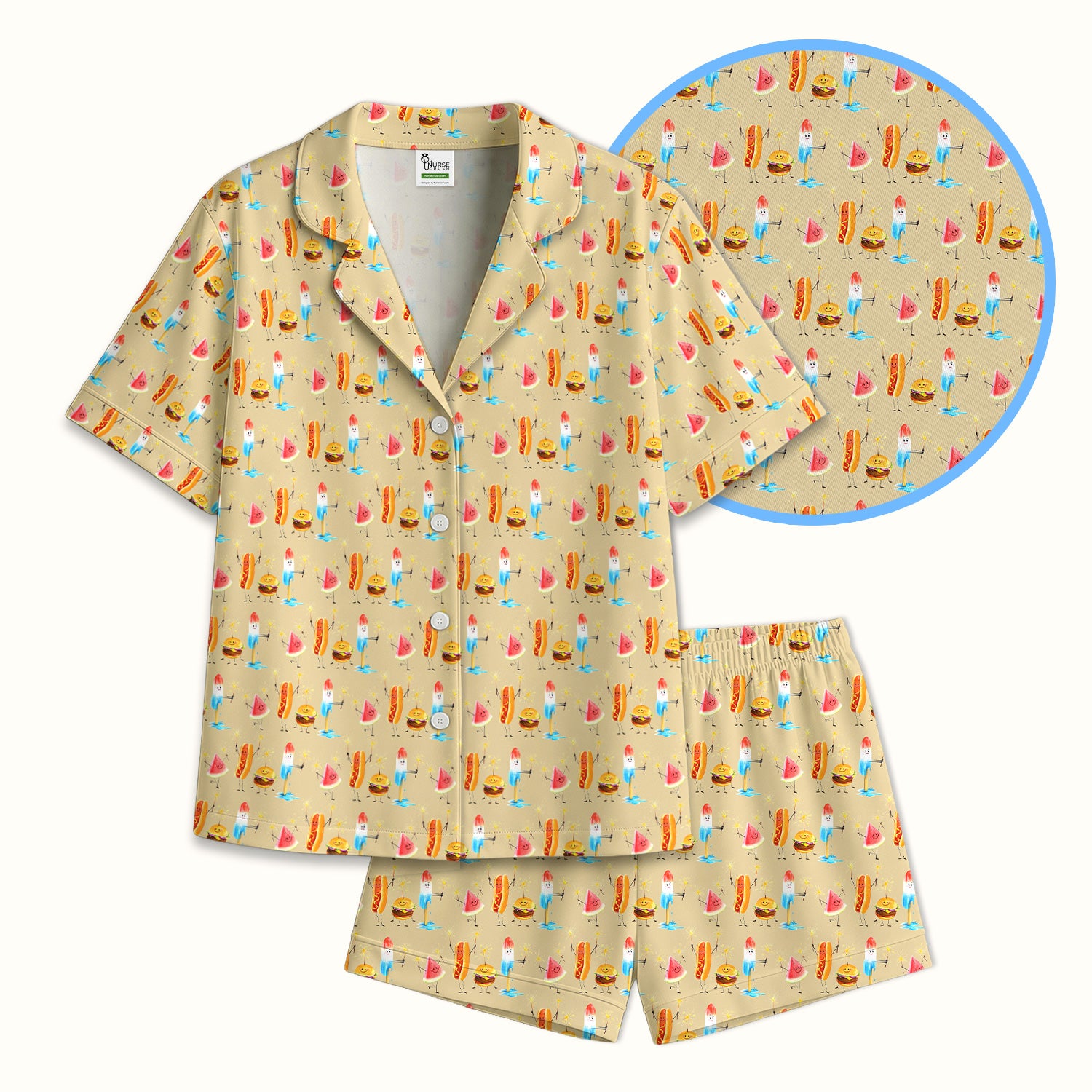 Funny Summer Food Icons Pattern Pajama Set, Soft Breathable Fabric Comfortable Sleepwear