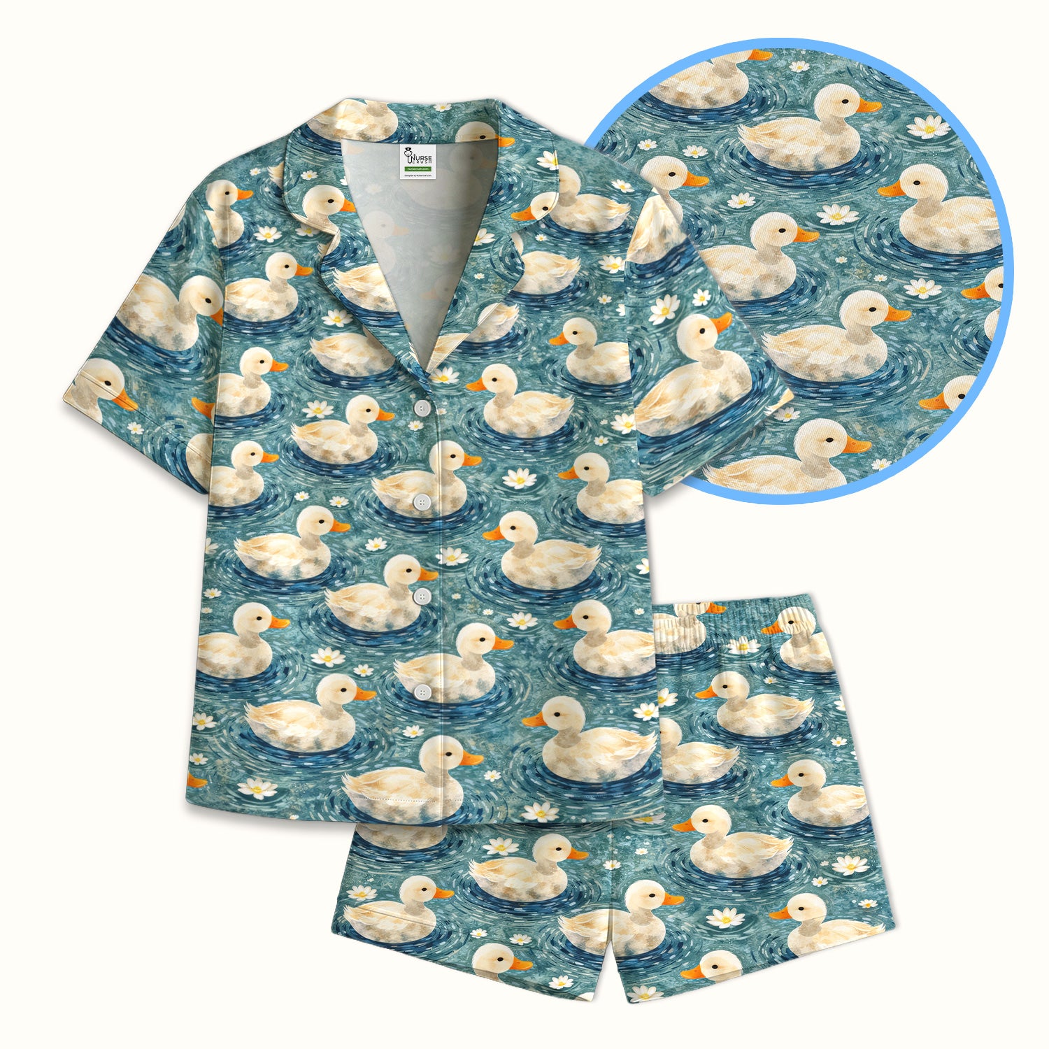 Charming Duck Pond Pattern Pajama Set, Soft Breathable Fabric Comfortable Sleepwear