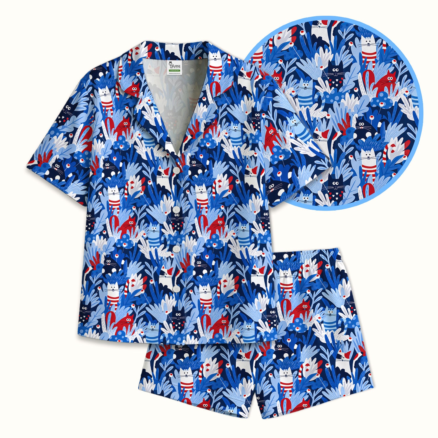 Cute Cats Among Blue Foliage Pattern Pajama Set, Soft Breathable Fabric Comfortable Sleepwear