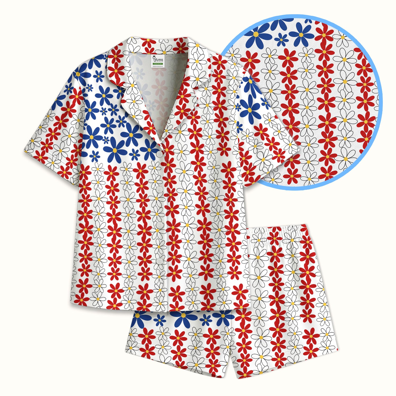 Retro Red Blue Daisy Stripe Pattern Pajama Set, Soft Breathable Fabric Comfortable Sleepwear