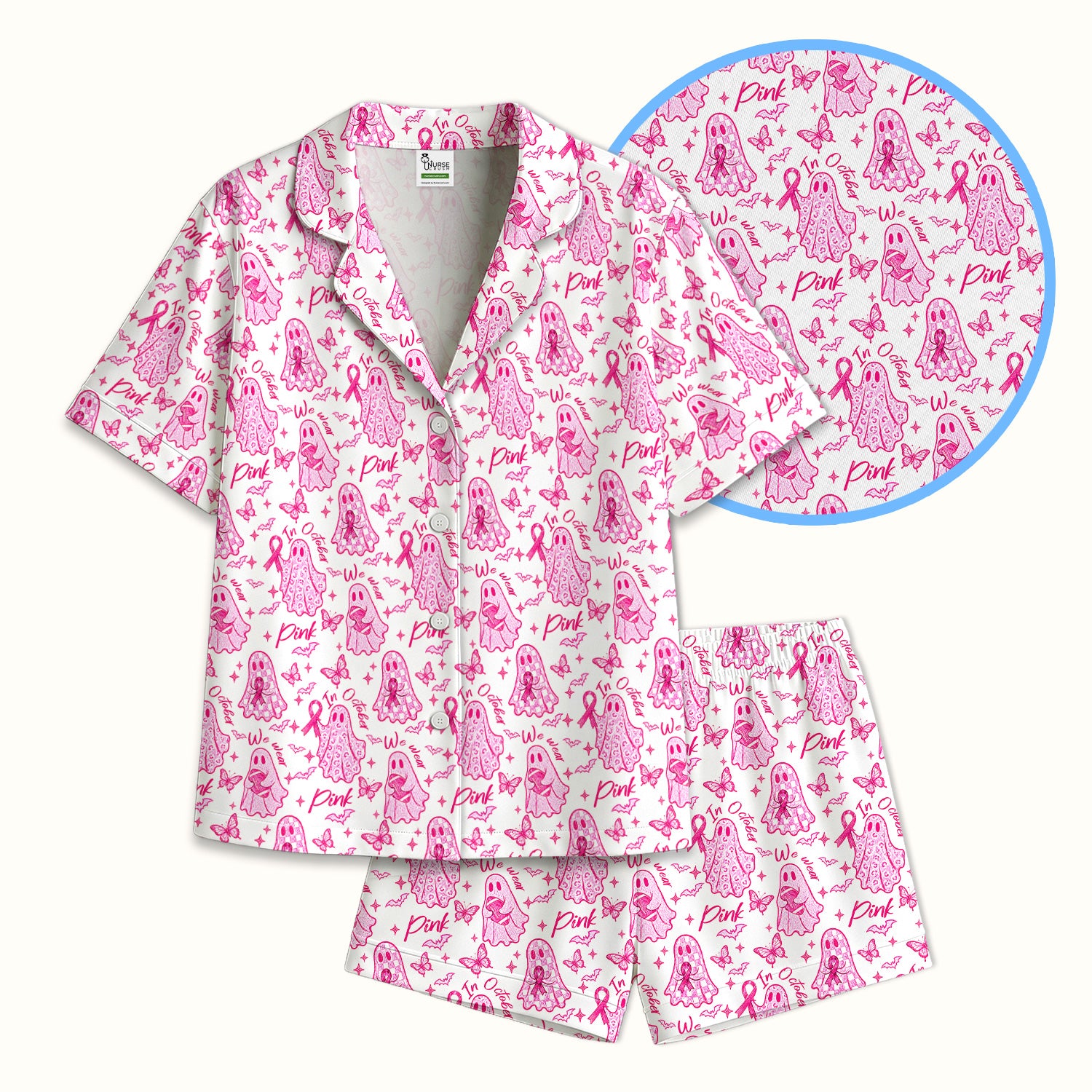 Pink Ribbon Ghost Pajama Set, Soft Breathable Fabric Comfortable Sleepwear