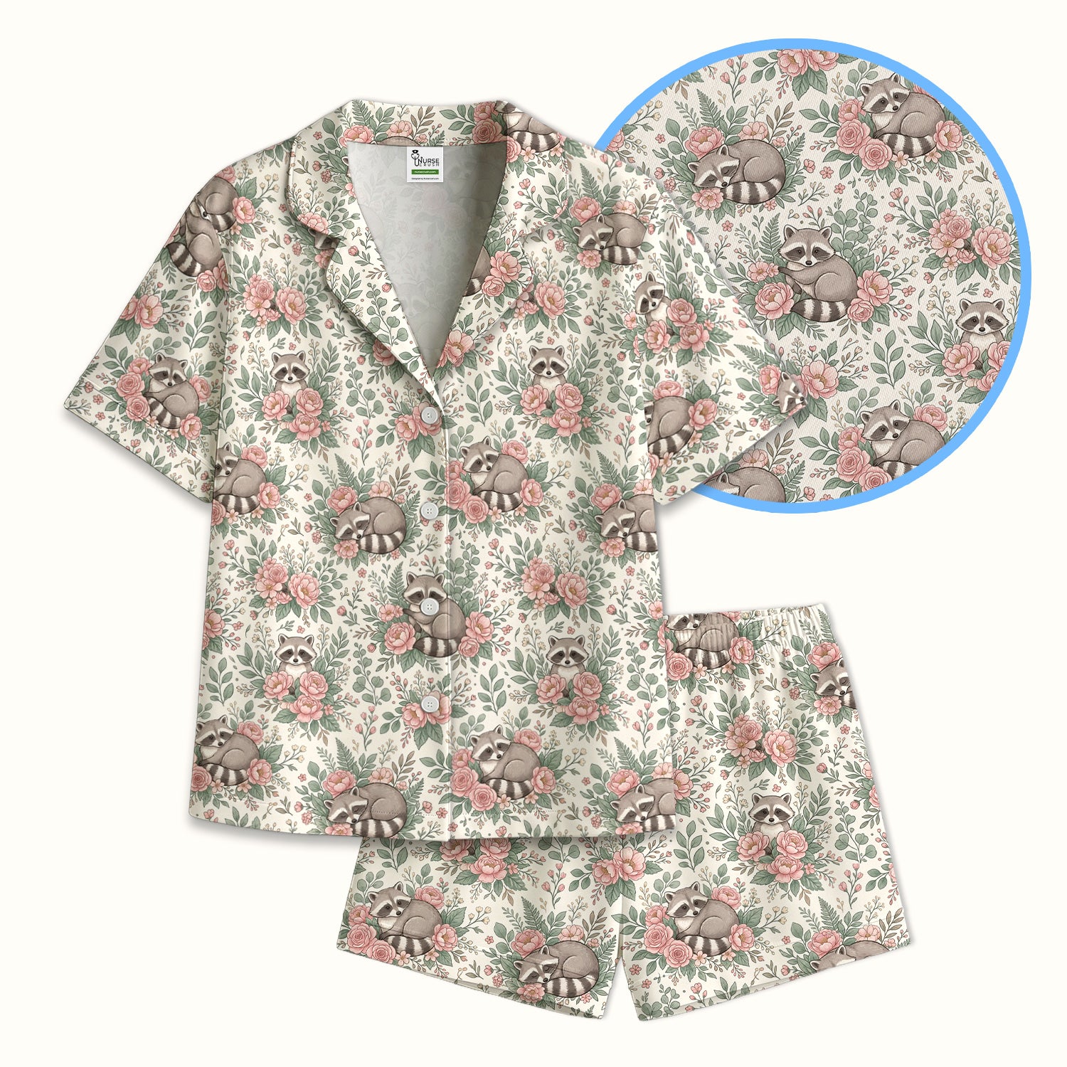 Sleeping Raccoon Rose Garden Pattern Pajama Set, Soft Breathable Fabric Comfortable Sleepwear