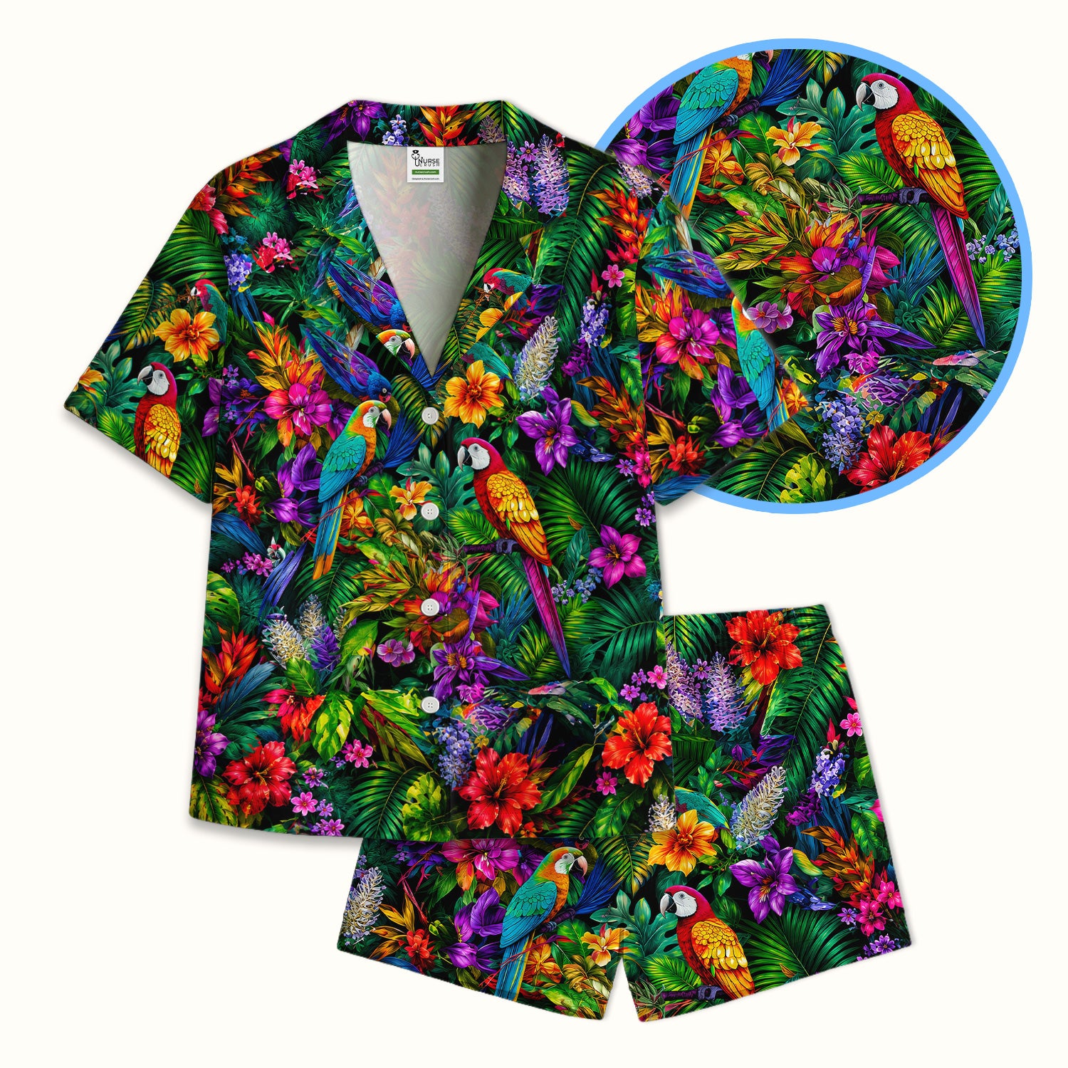 Tropical Parrot Jungle Blossom Pattern Pajama Set, Soft Breathable Fabric Comfortable Sleepwear