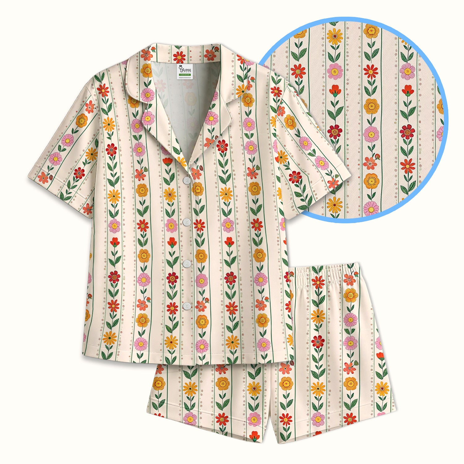 Retro Floral Stripe Print Pajama Set, Soft Breathable Fabric Comfortable Sleepwear