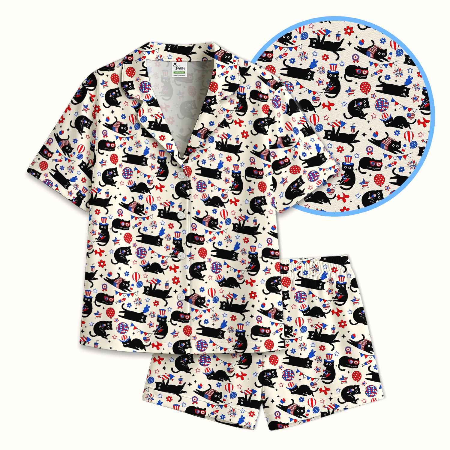 Patriotic Black Cat Pattern Pajama Set, Soft Breathable Fabric Comfortable Sleepwear