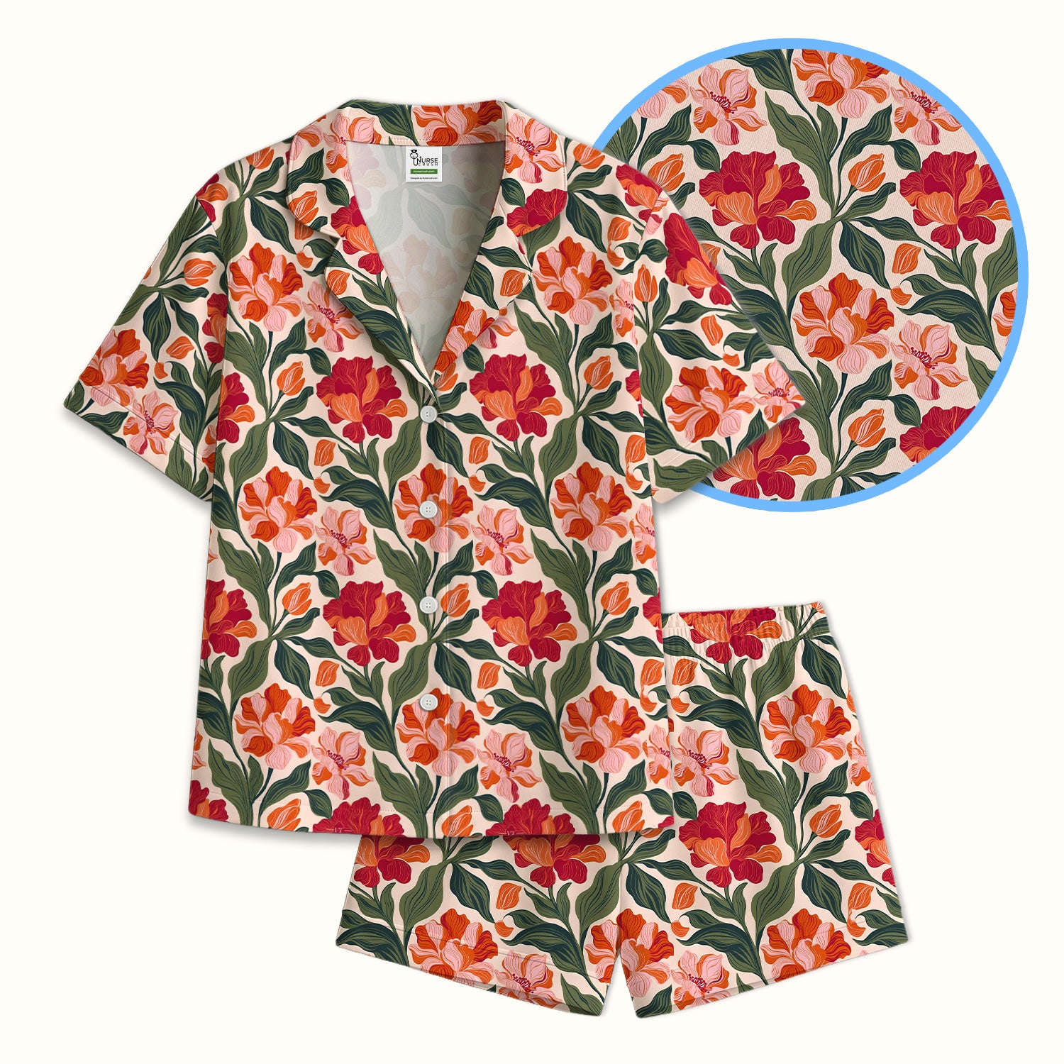 Pretty Tropical Floral Print Pajama Set, Soft Breathable Fabric Comfortable Sleepwear