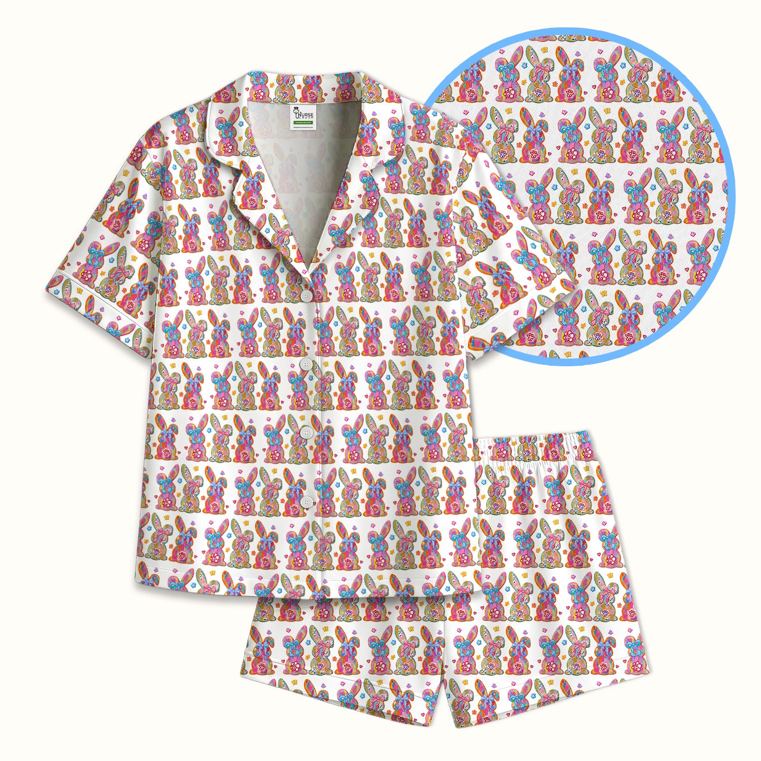 Cute Pastel Bunny Floral Pattern Pajama Set, Breathable Fabrics Uniform