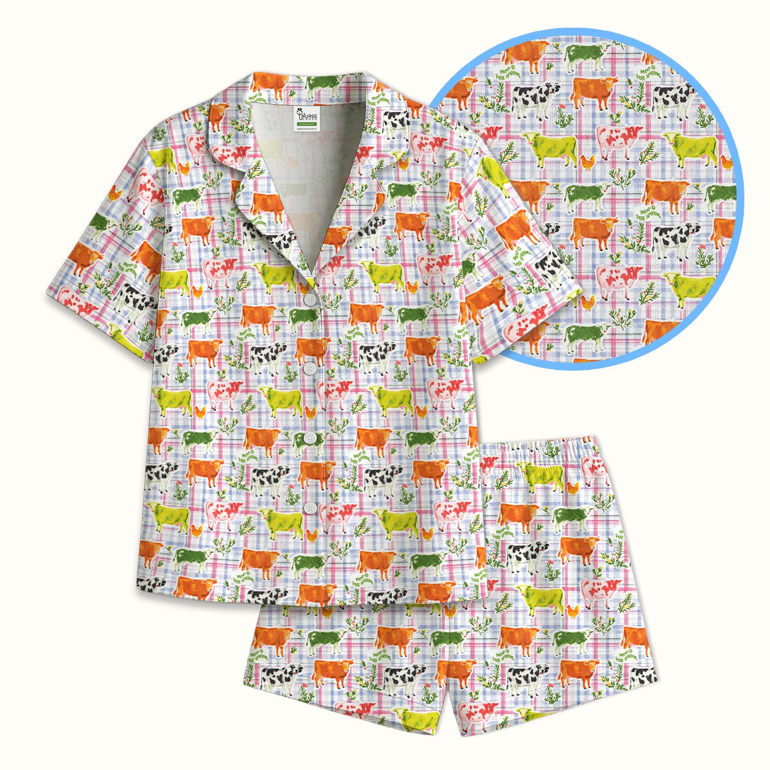 Colorful Farm Cow Plaid Print Pajama Set, Soft Breathable Fabric Comfortable Sleepwear