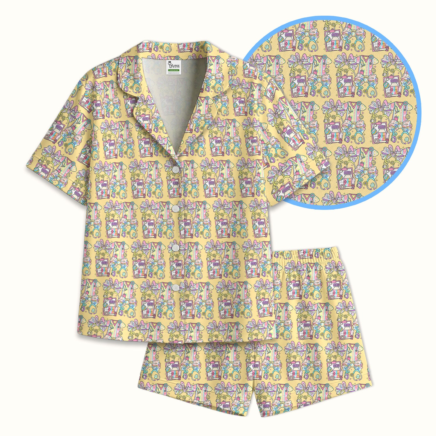 Colorful Nurse Scrub Supplies Pattern Pajama Set, Breathable Fabrics Uniform