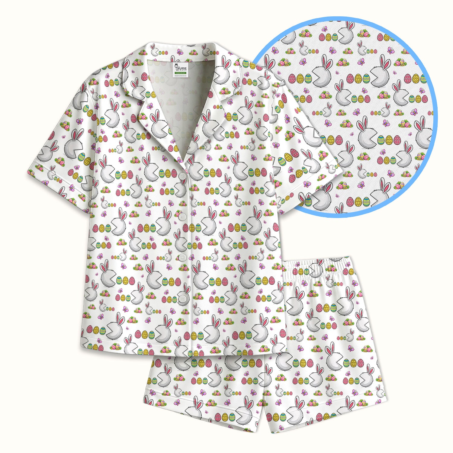 Easter Bunny and Colorful Eggs Print  Pajama Set, Breathable Fabrics Uniform