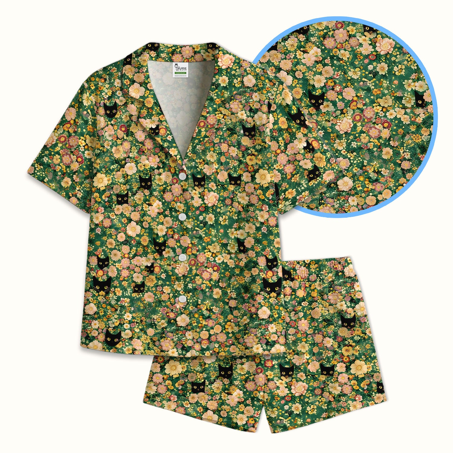 Cute Black Cat In Floral Garden Pattern Pajama Set, Soft Breathable Fabric Comfortable Sleepwear