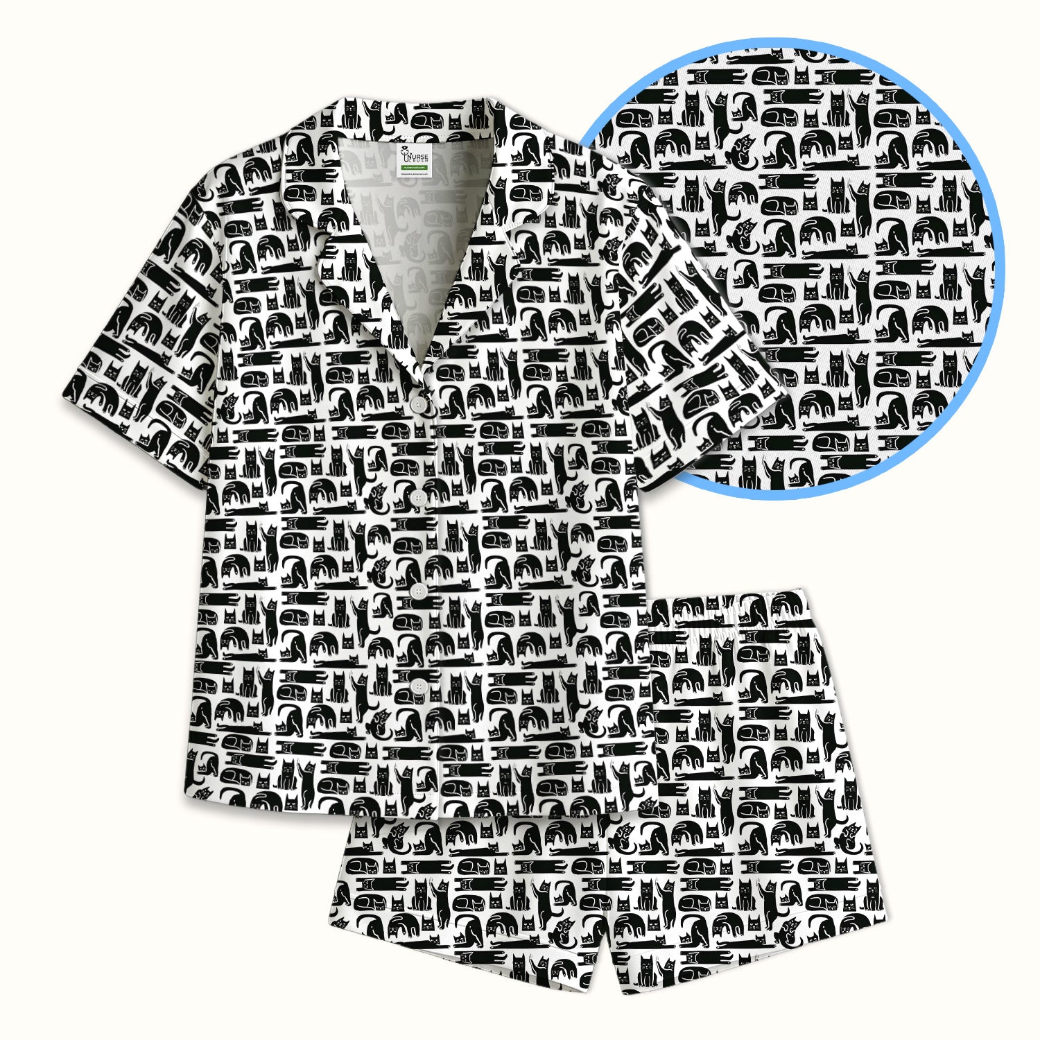 Cute Funny Cat Poses Print Pajama Set, Breathable Fabrics Uniform