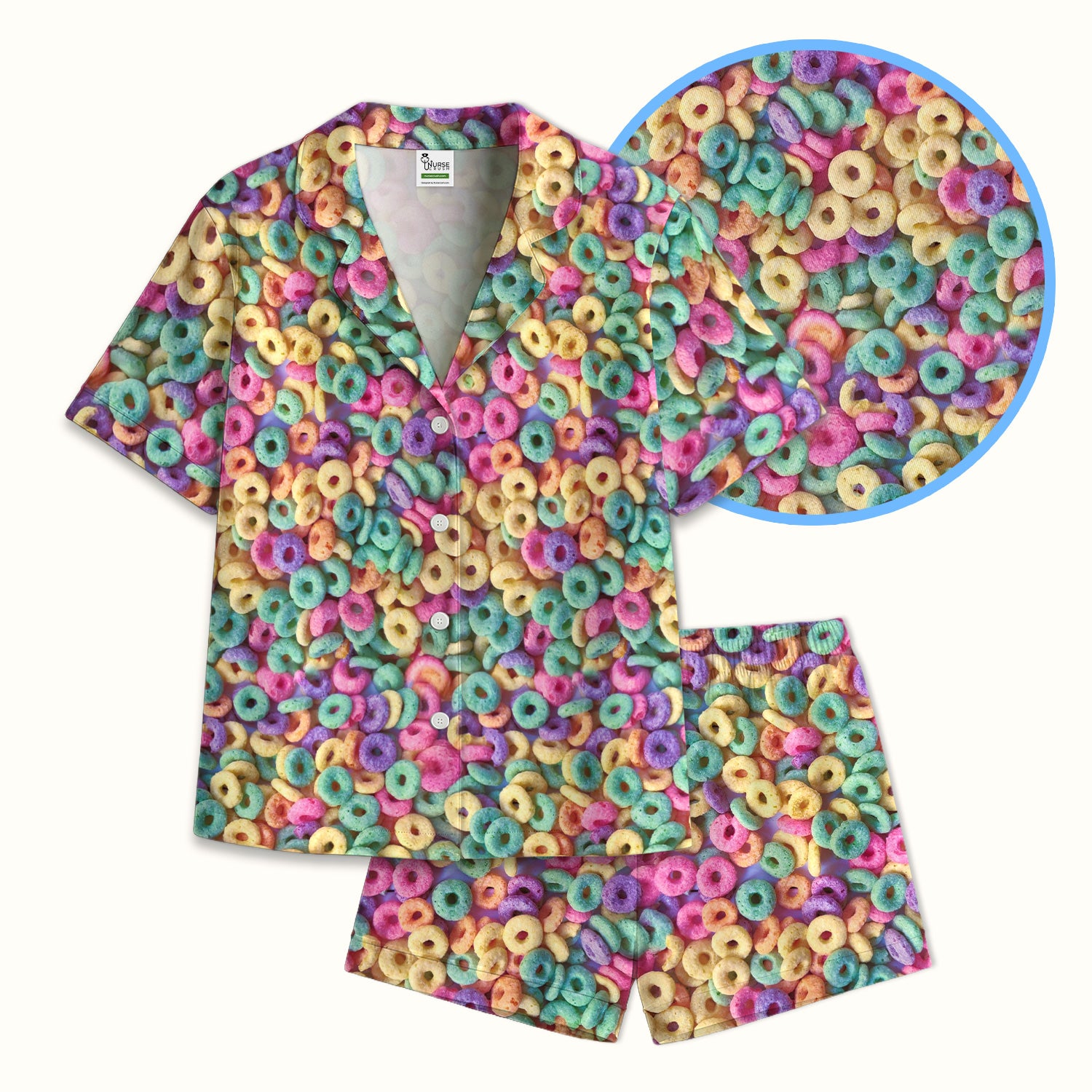 Colorful Cereal Loops Pattern Pajama Set, Soft Breathable Fabric Comfortable Sleepwear