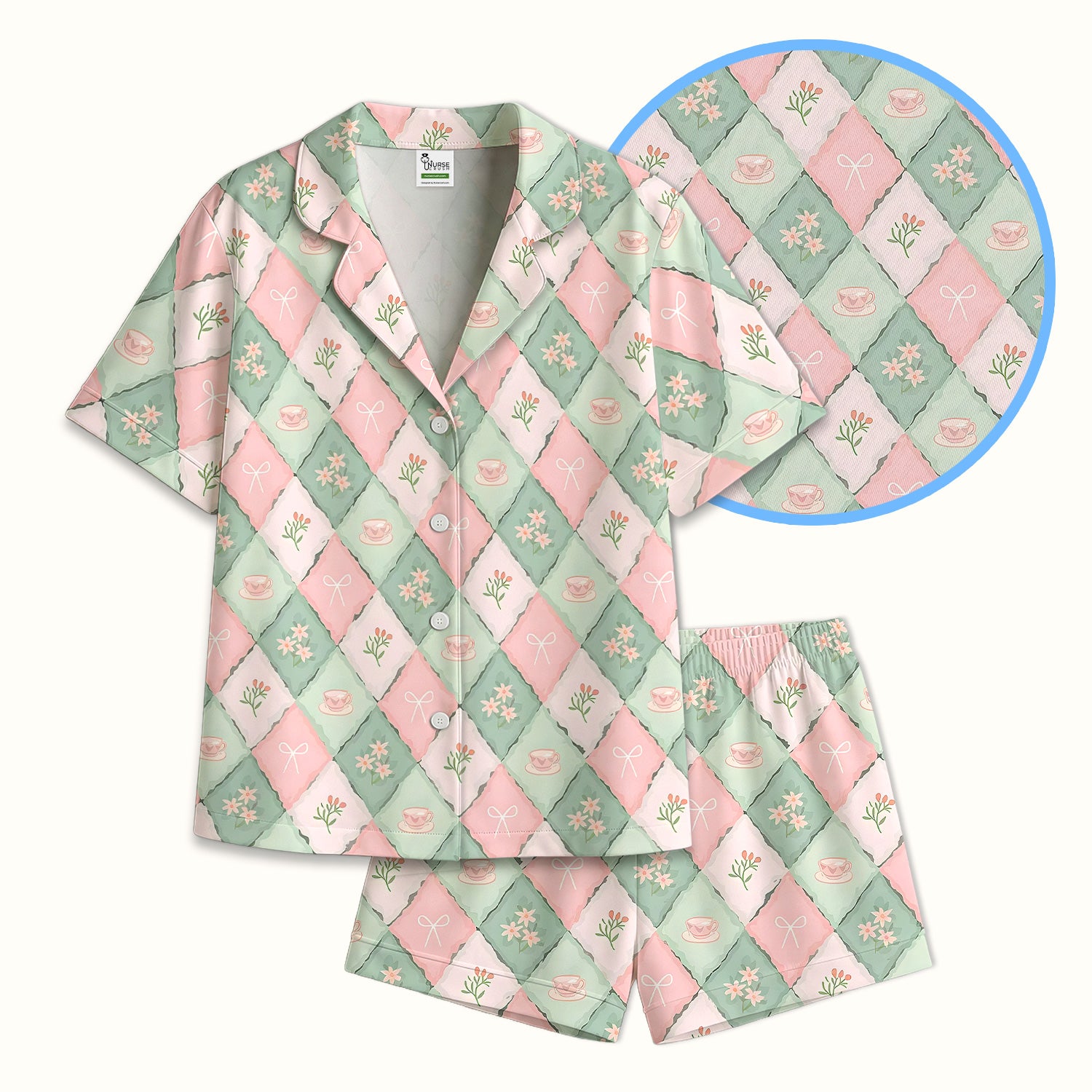 Flowers Tea Cups Pattern  Pajama Set, Soft Breathable Fabric Comfortable Sleepwear