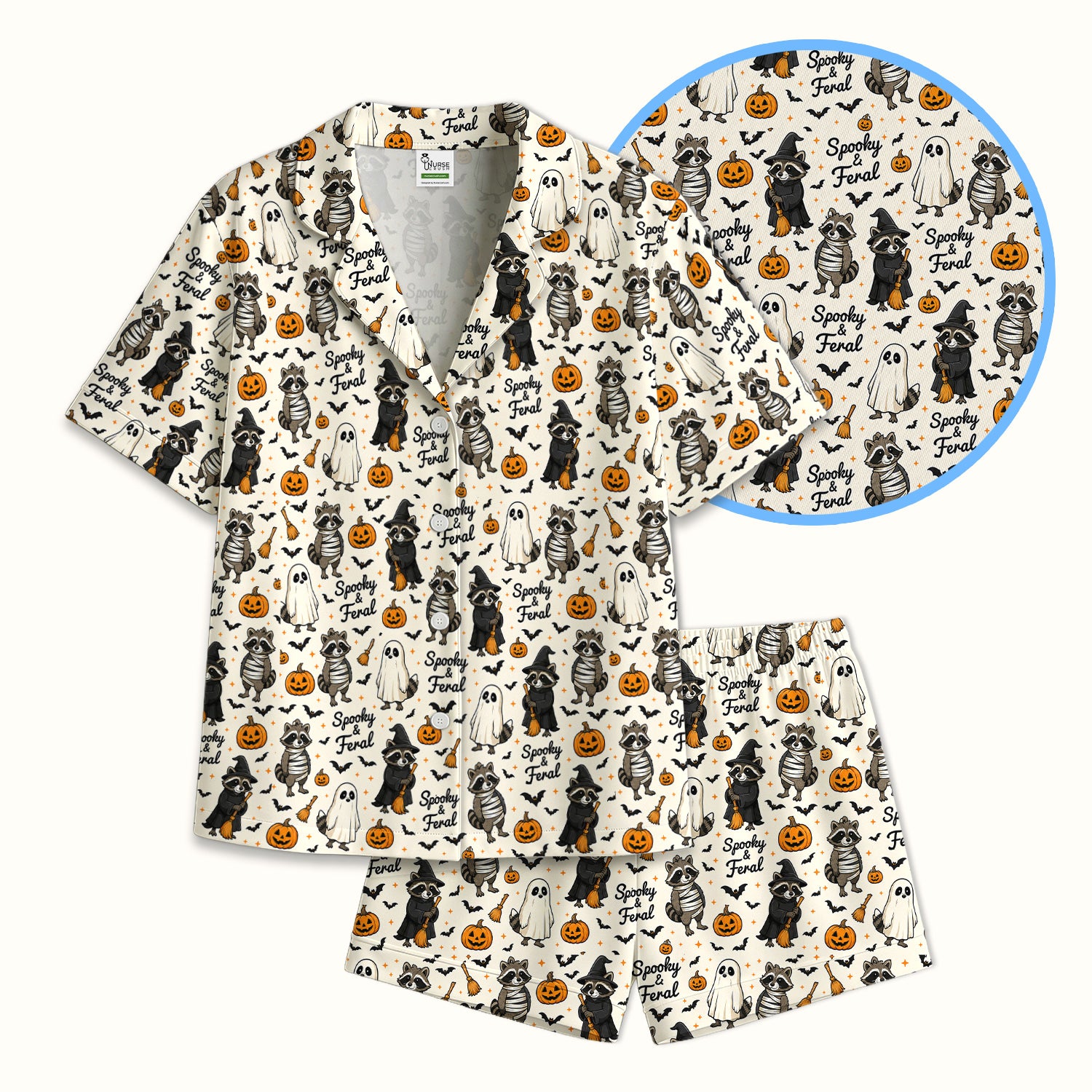 Spooky And Feral Halloween Raccoon Pajama Set, Soft Breathable Fabric Comfortable Sleepwear