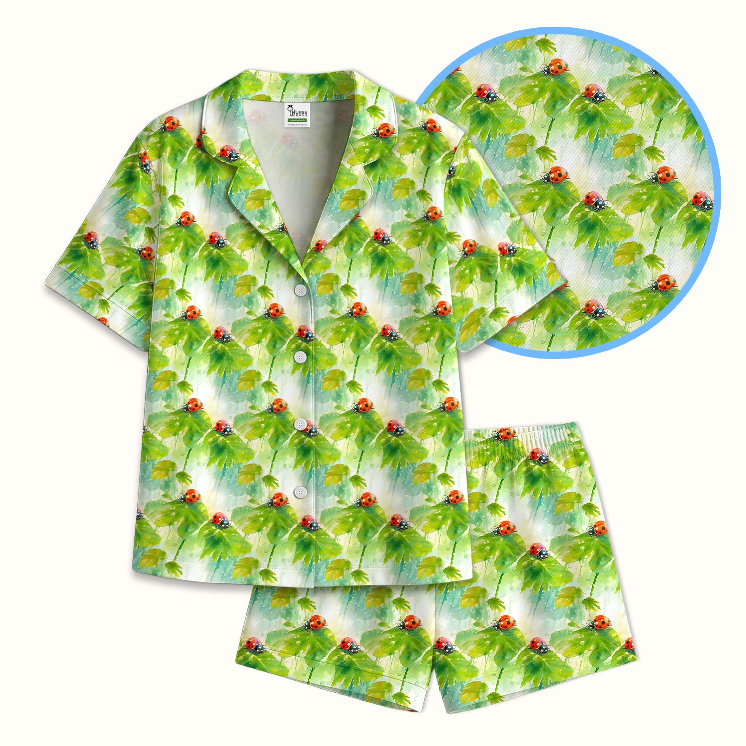 Ladybugs On Rainy Leaves Pattern Pajama Set, Soft Breathable Fabric Comfortable Sleepwear