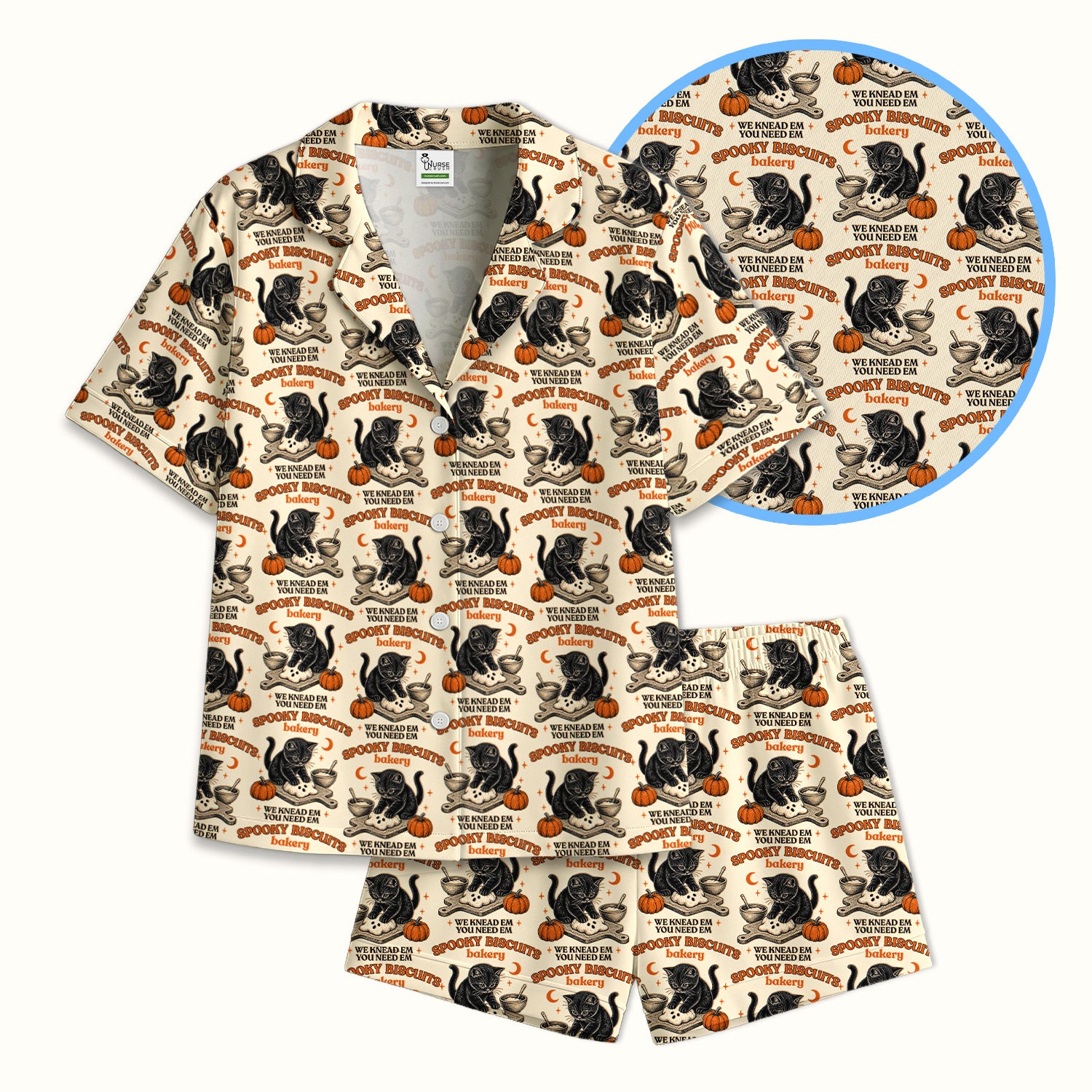 Funny Halloween Black Cat Pajama Set, Soft Breathable Fabric Comfortable Sleepwear