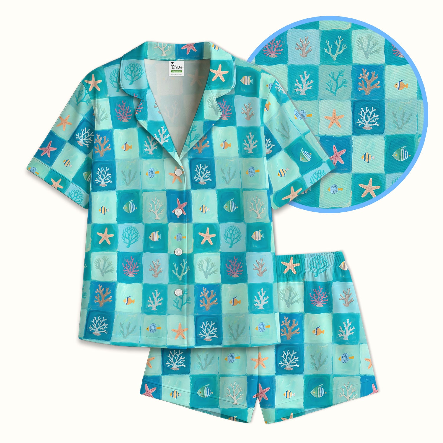 Ocean Coral Fish Starfish Checkered Pattern Pajama Set, Soft Breathable Fabric Comfortable Sleepwear